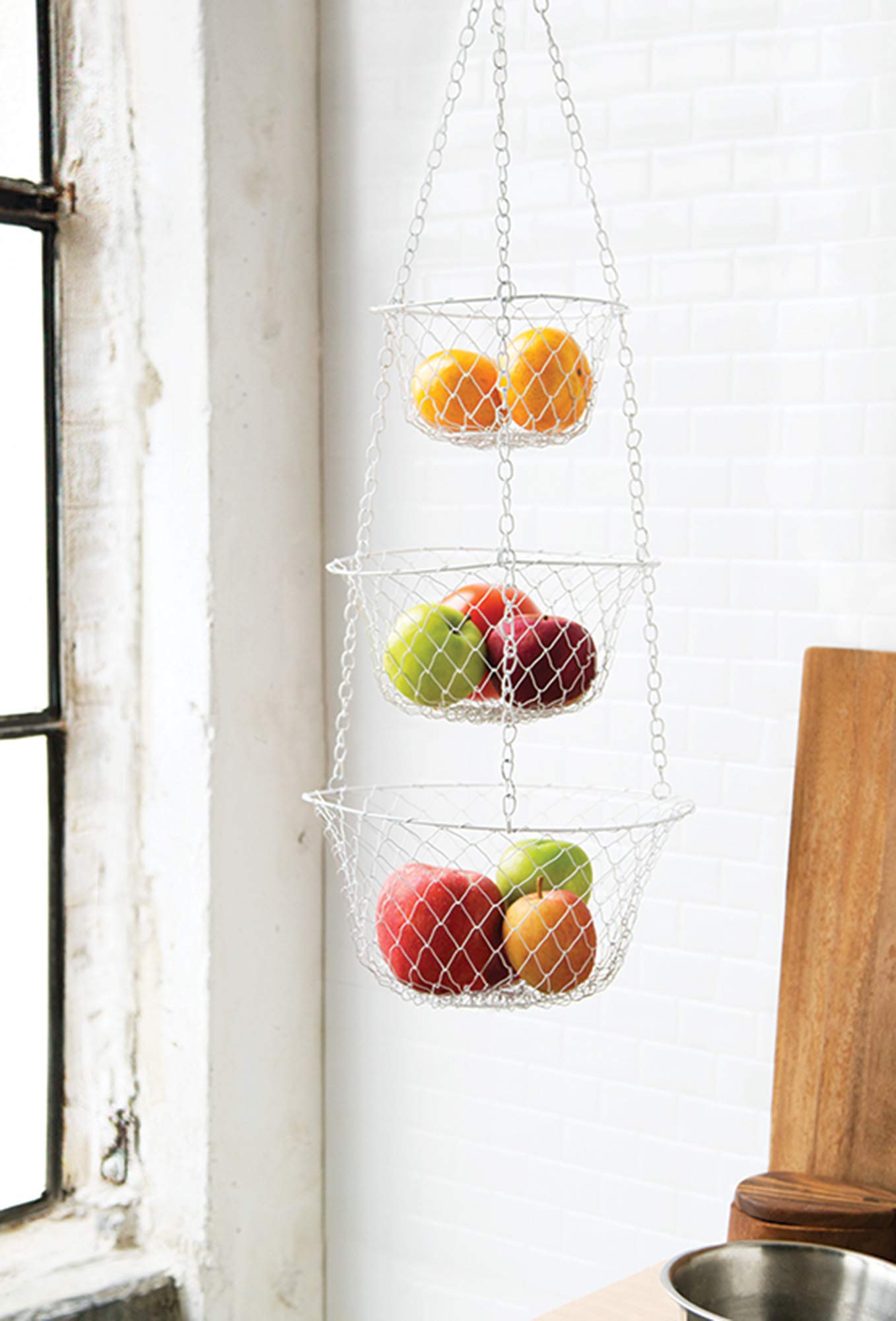 Fox Run white 3-tier hanging baskets close-up of sturdy iron wire.