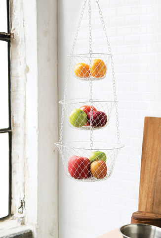 Fox Run white 3-tier hanging baskets close-up of sturdy iron wire.