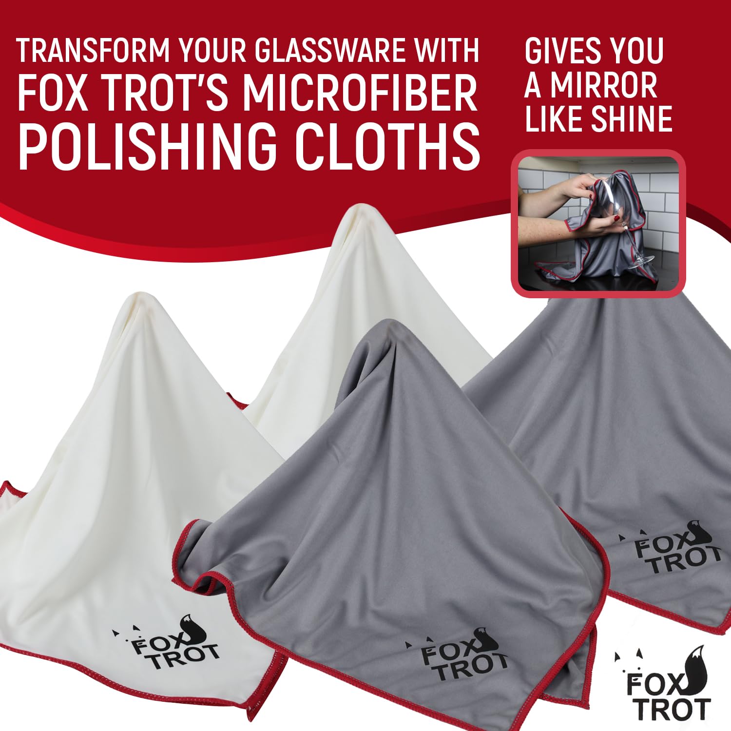 Fox Trot microfiber polishing cloths close-up highlights soft fibers for fingerprint-free glass.