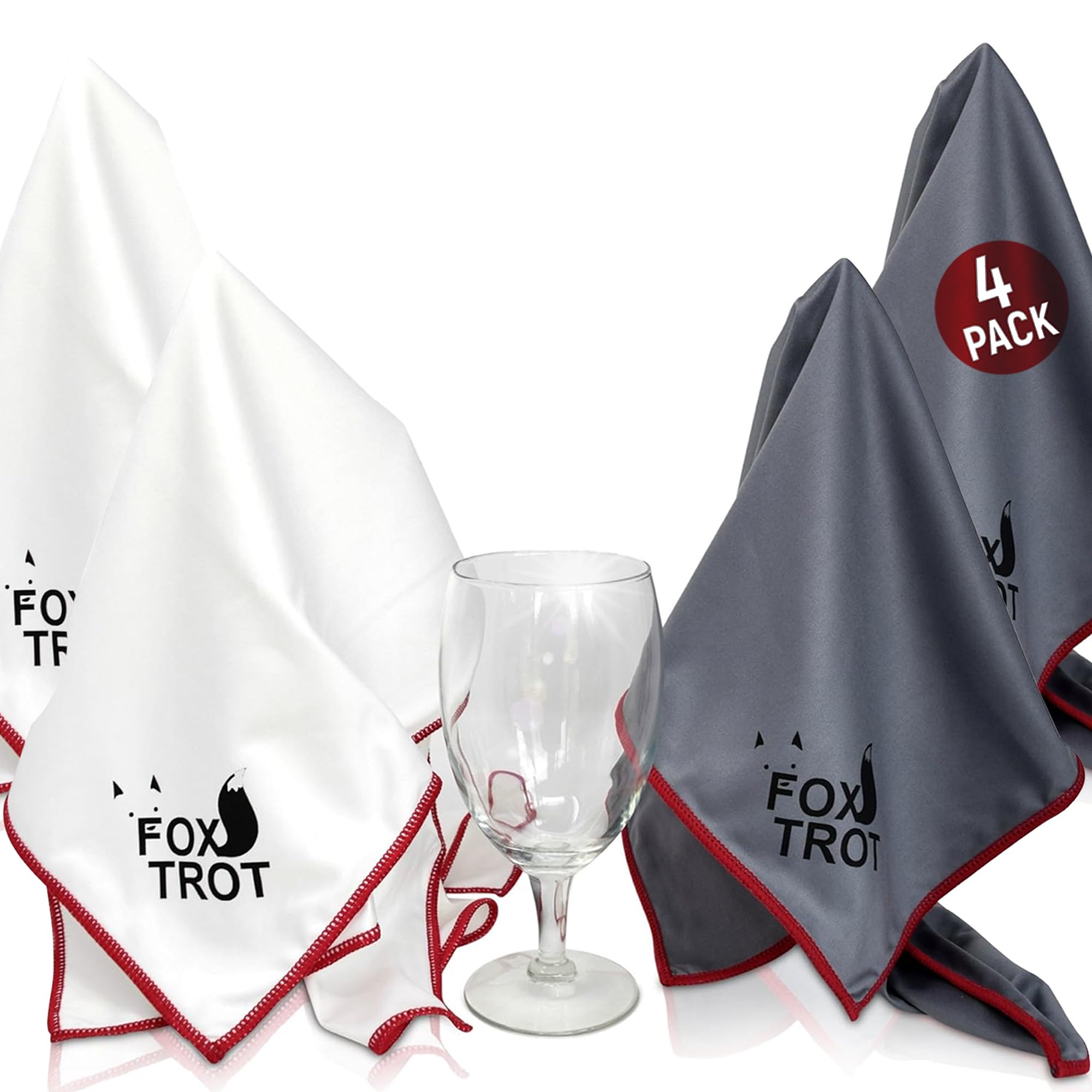 Fox Trot large microfiber polishing cloths front pack for crystal-clear glassware shine.