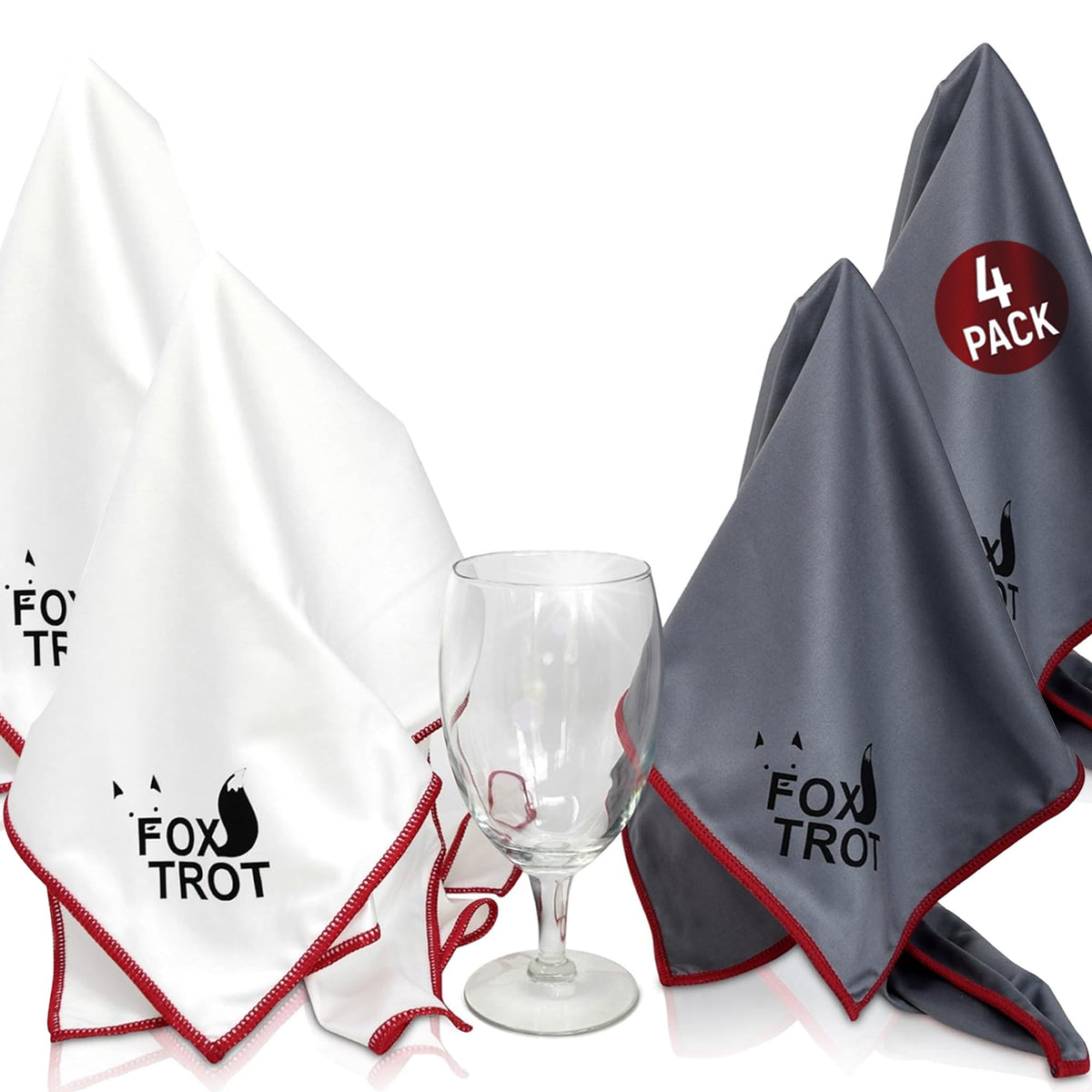 Fox Trot large microfiber polishing cloths front pack for crystal-clear glassware shine.