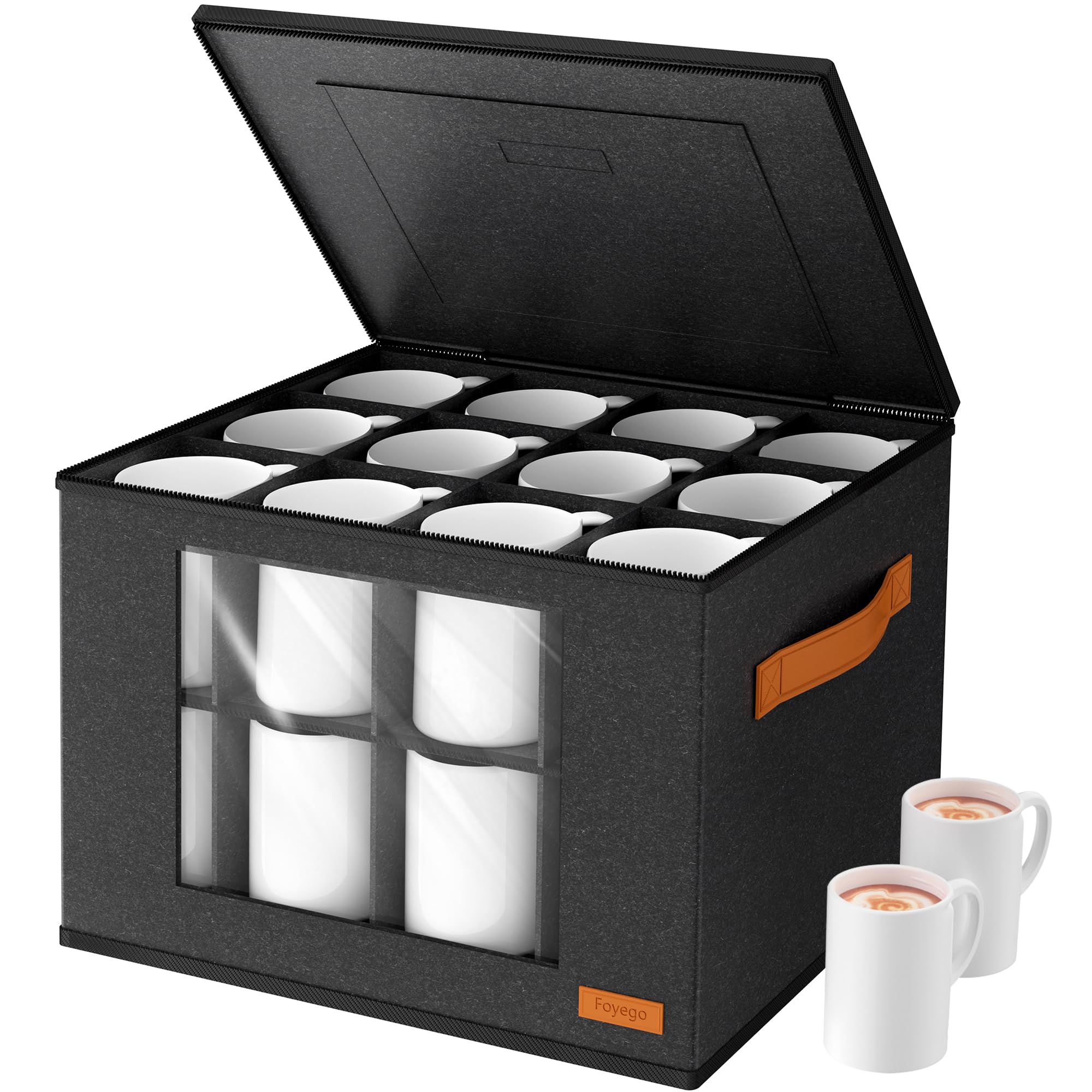 foyego 2-layer mug storage box with dividers showing organized cups and protection