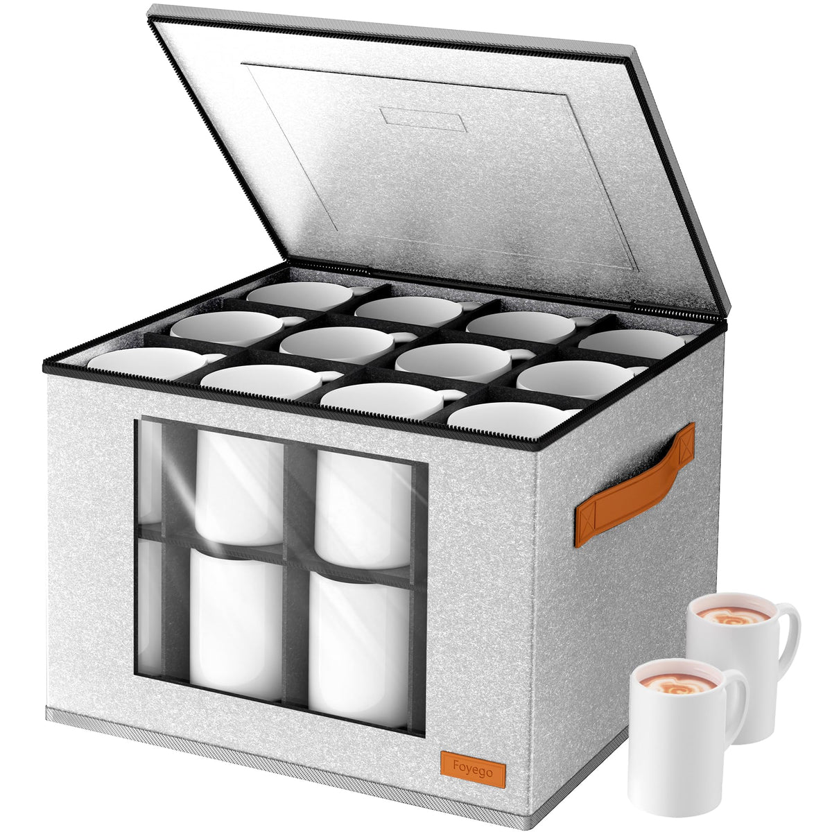 Foyego 2-layer mug storage box front view showing organized cup arrangement.