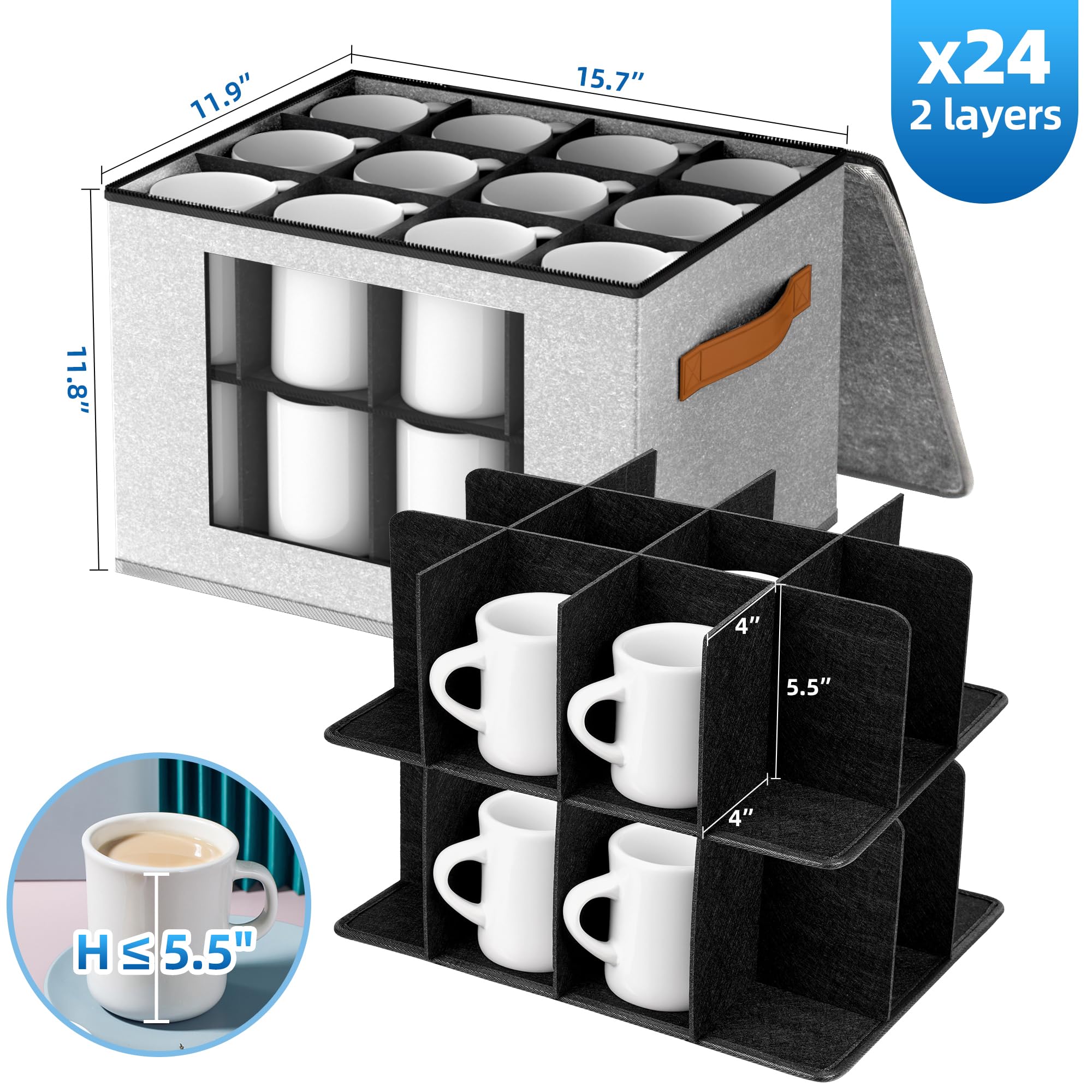Foyego mug storage box side view highlighting stackable design for compact storage.