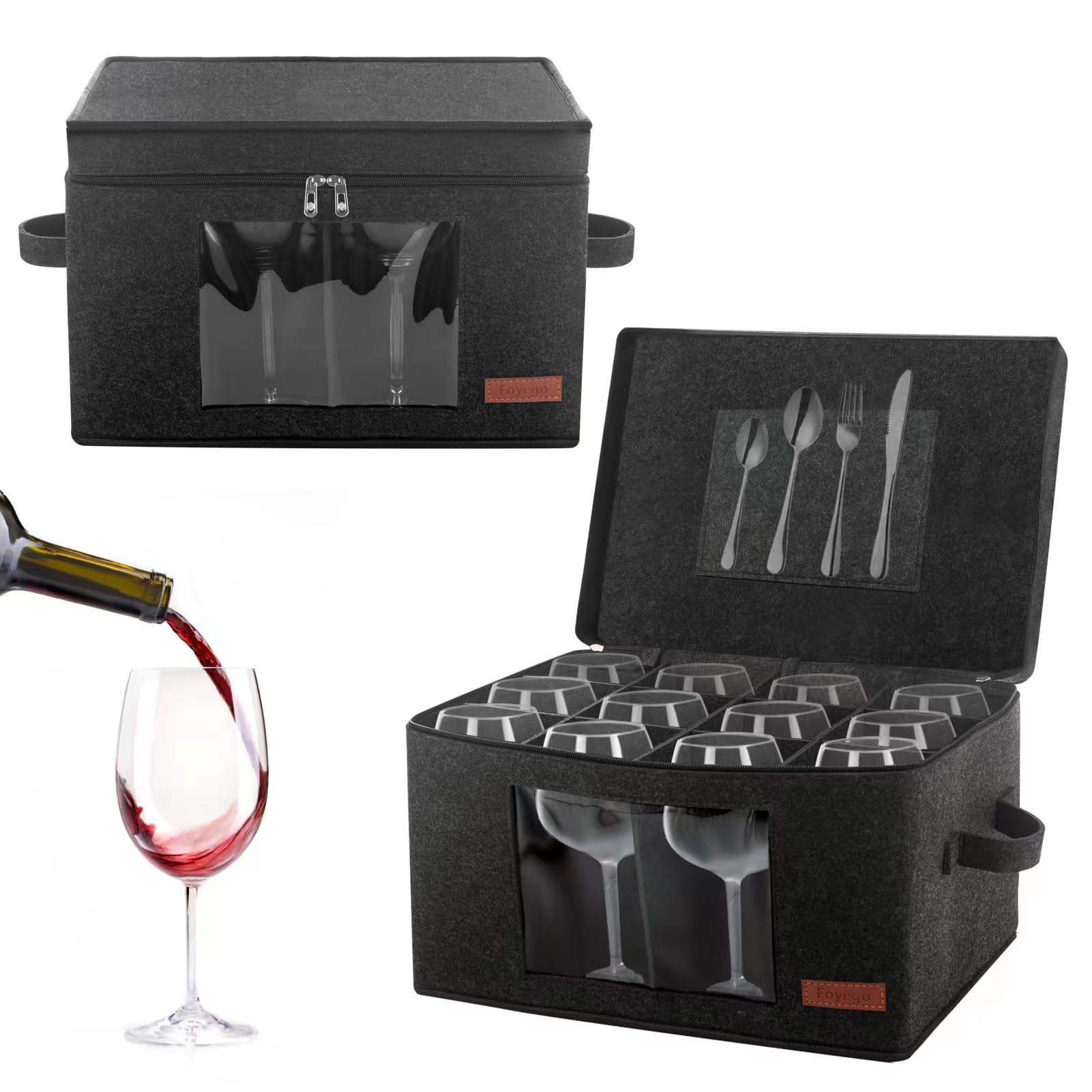 Foyego 2-pack wine glass storage box with dividers protects stemware during transit.