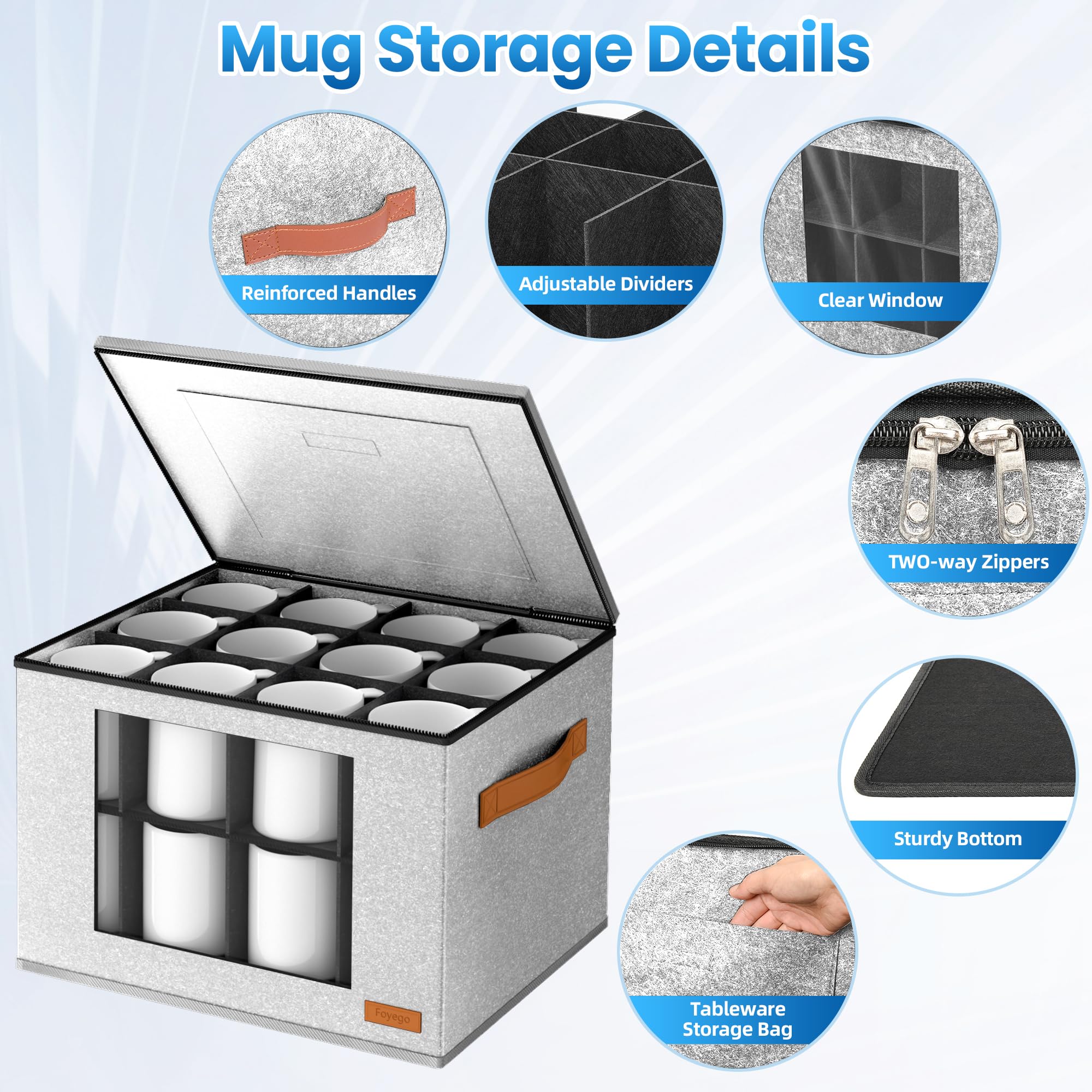 Foyego dividers inside illustrate adjustable compartments for mugs and glasses.