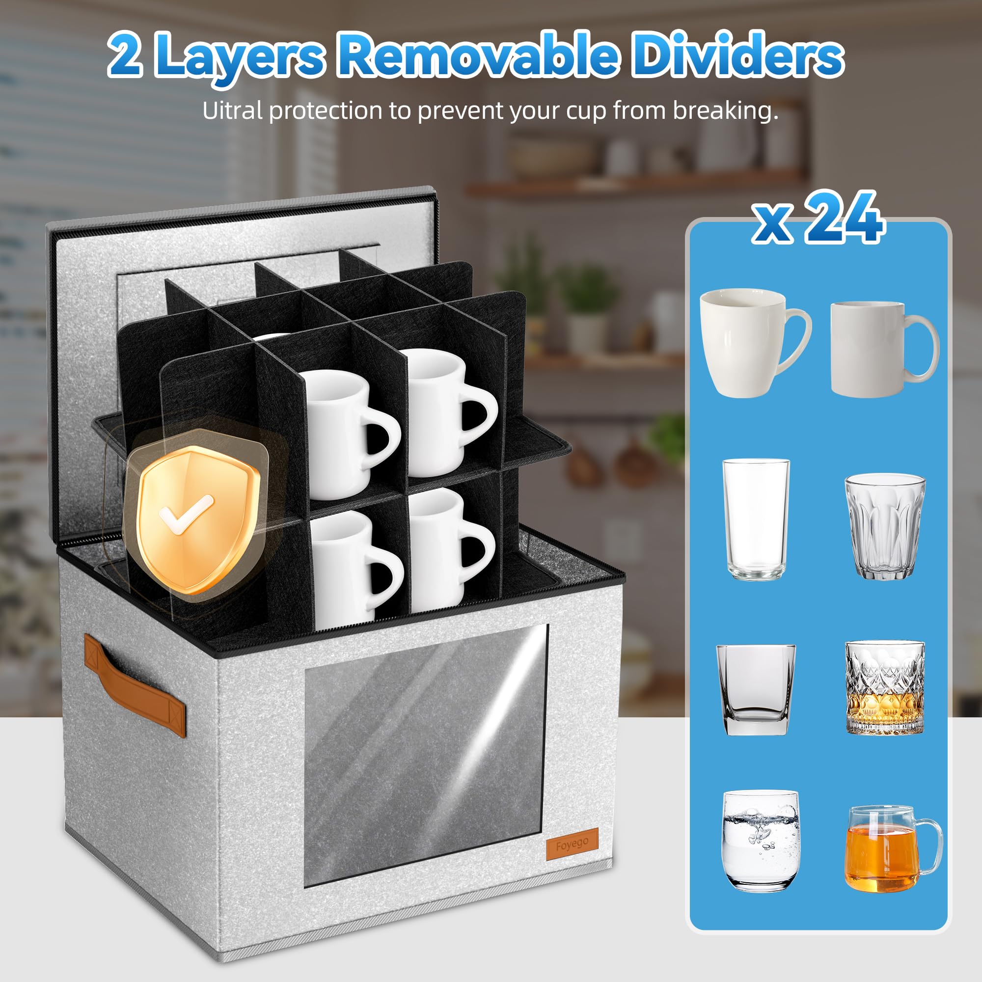 Foyego mug storage stackable design saves cabinet space during storage.