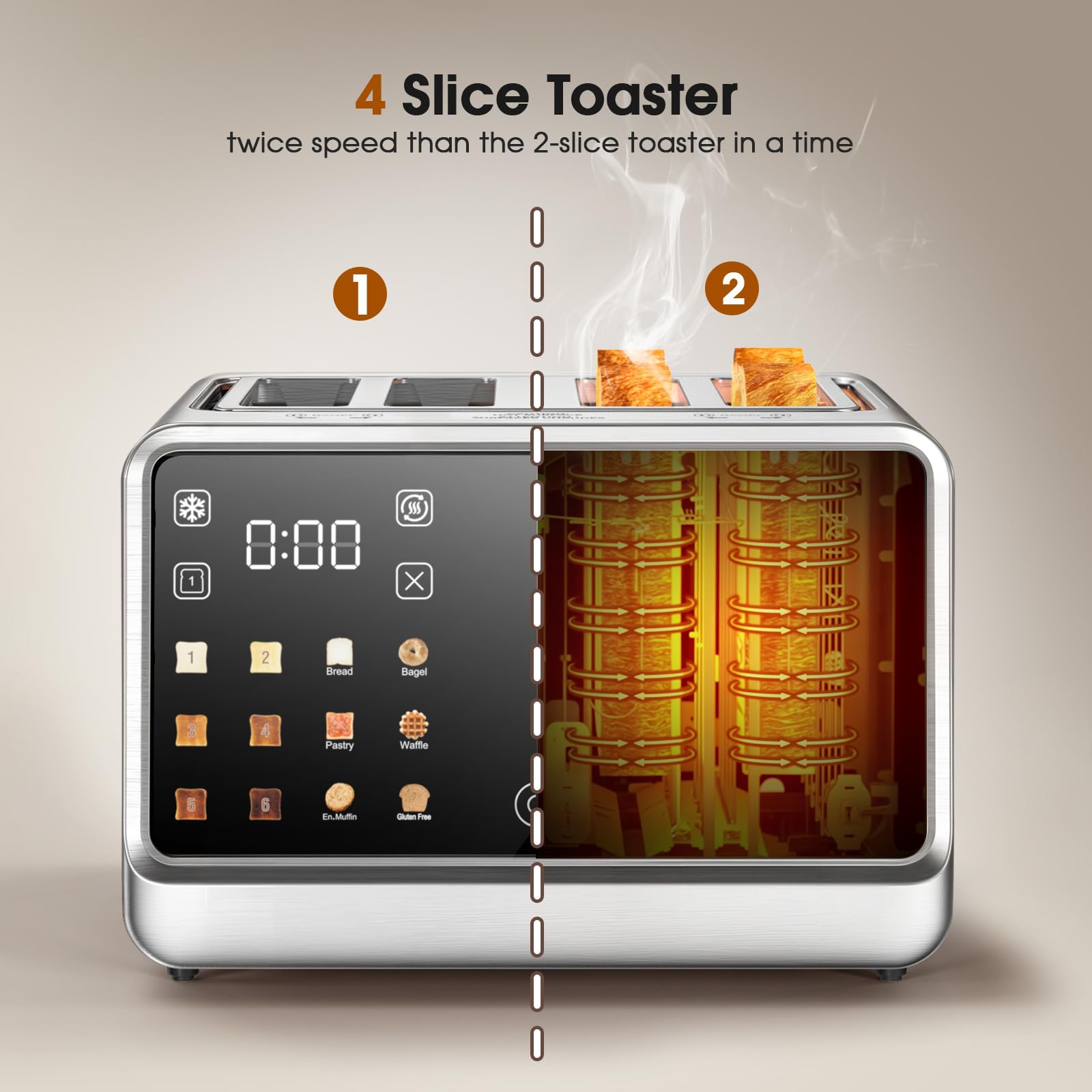 Foyoconven countdown LCD display helps time toasting precisely.