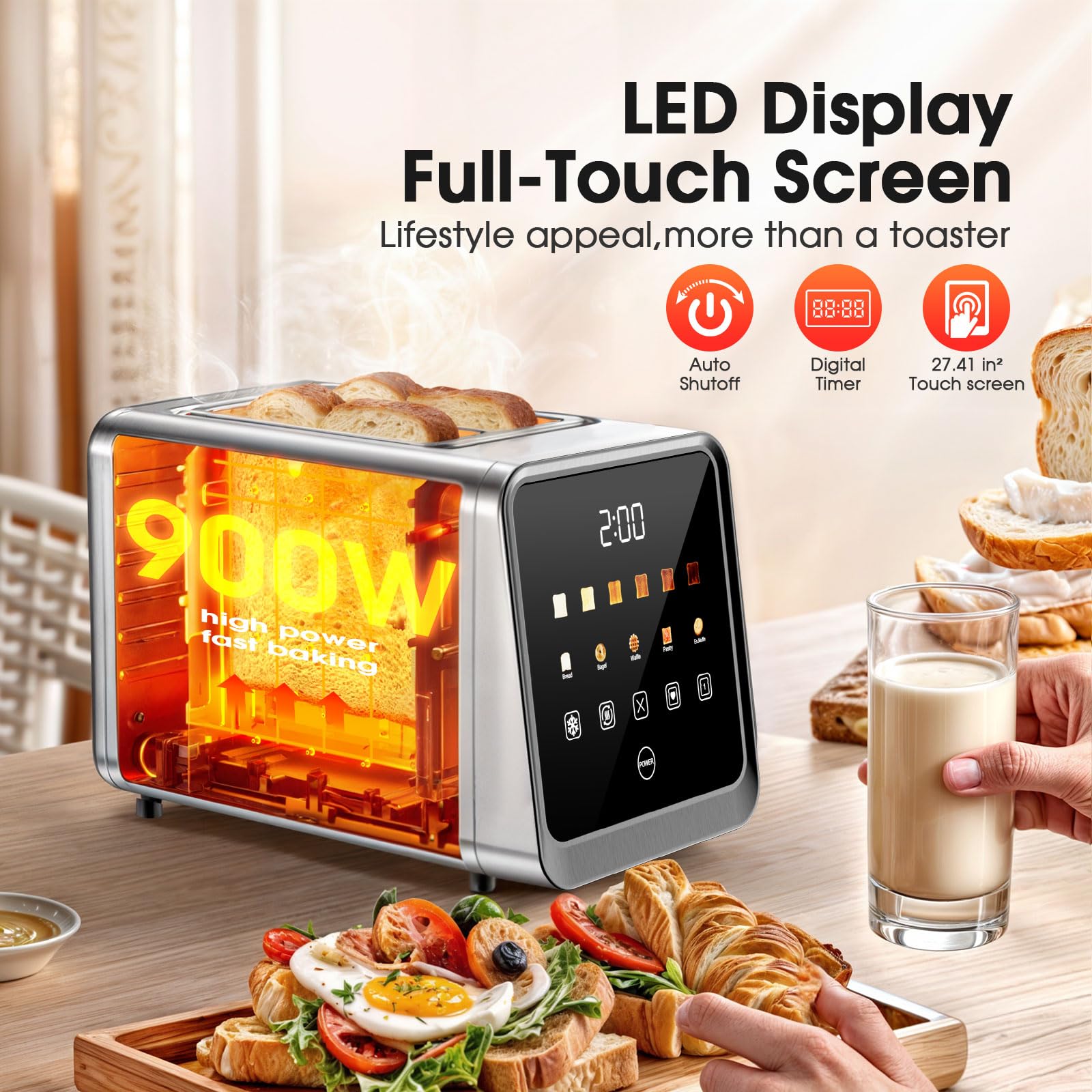 Foyoconven 2-slice toaster with digital display for precise timing