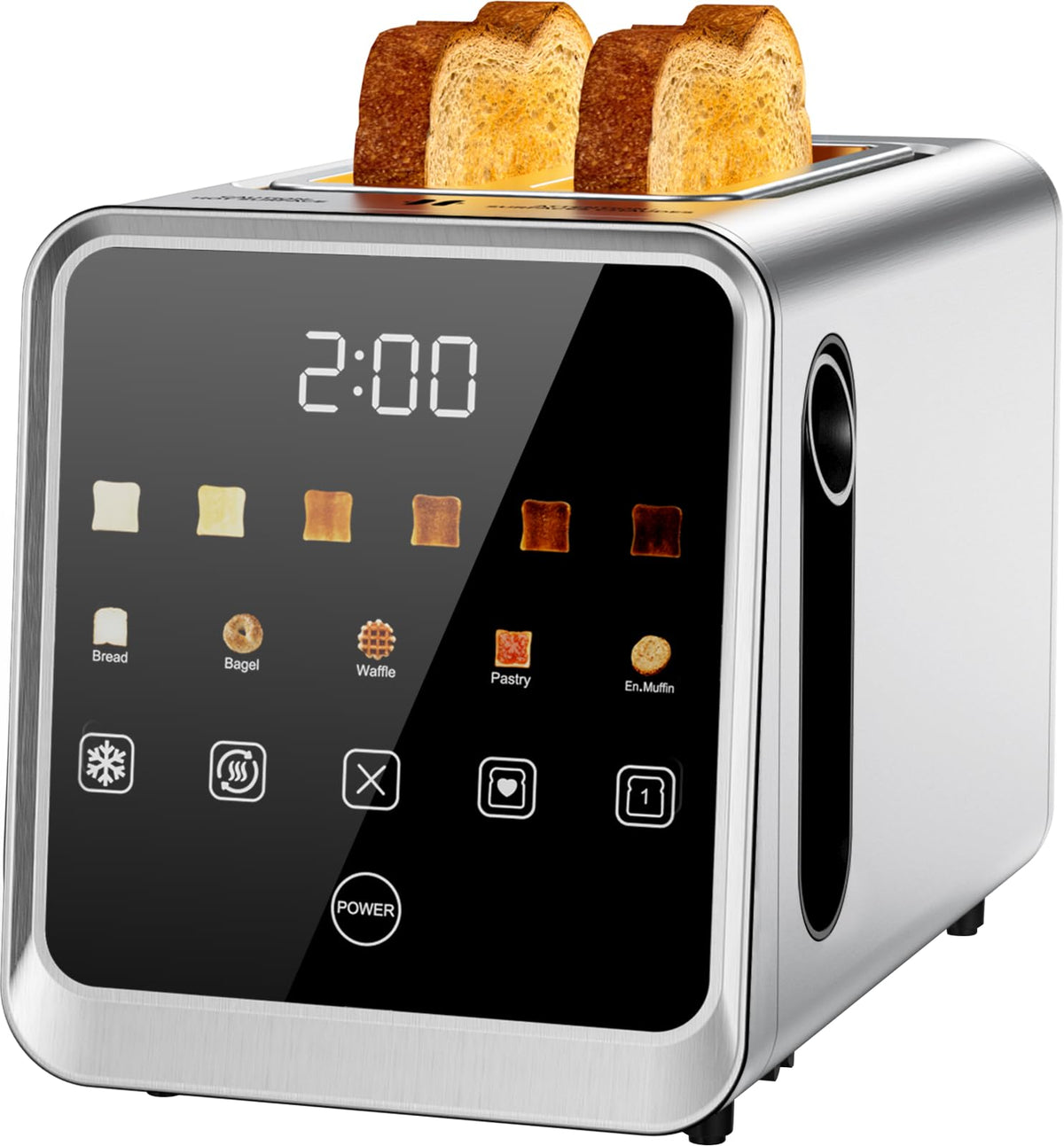Foyoconven 2-slice toaster front view with wide slots for bagels