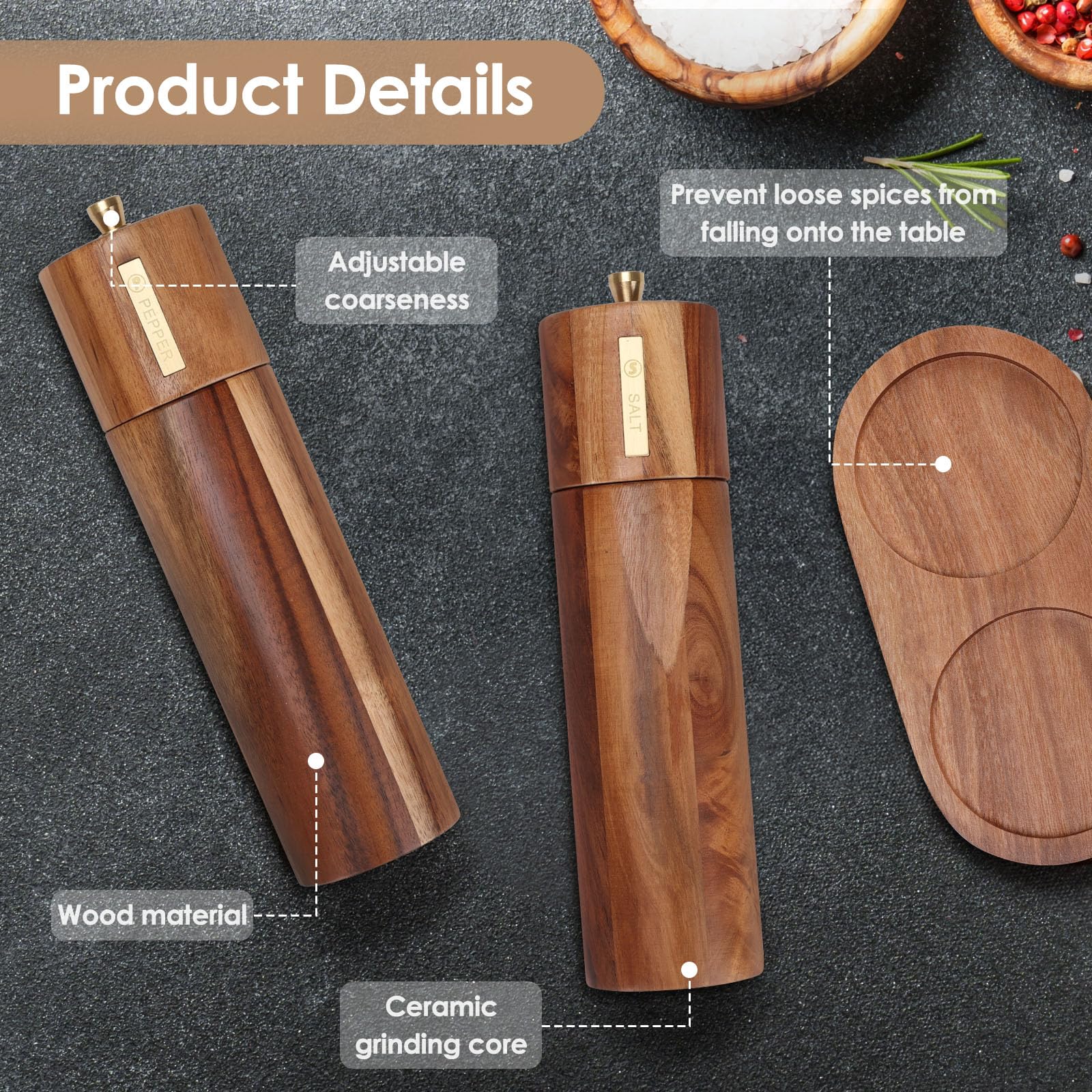 Foyucool grinders with adjustable coarseness wheel for precise seasoning control.