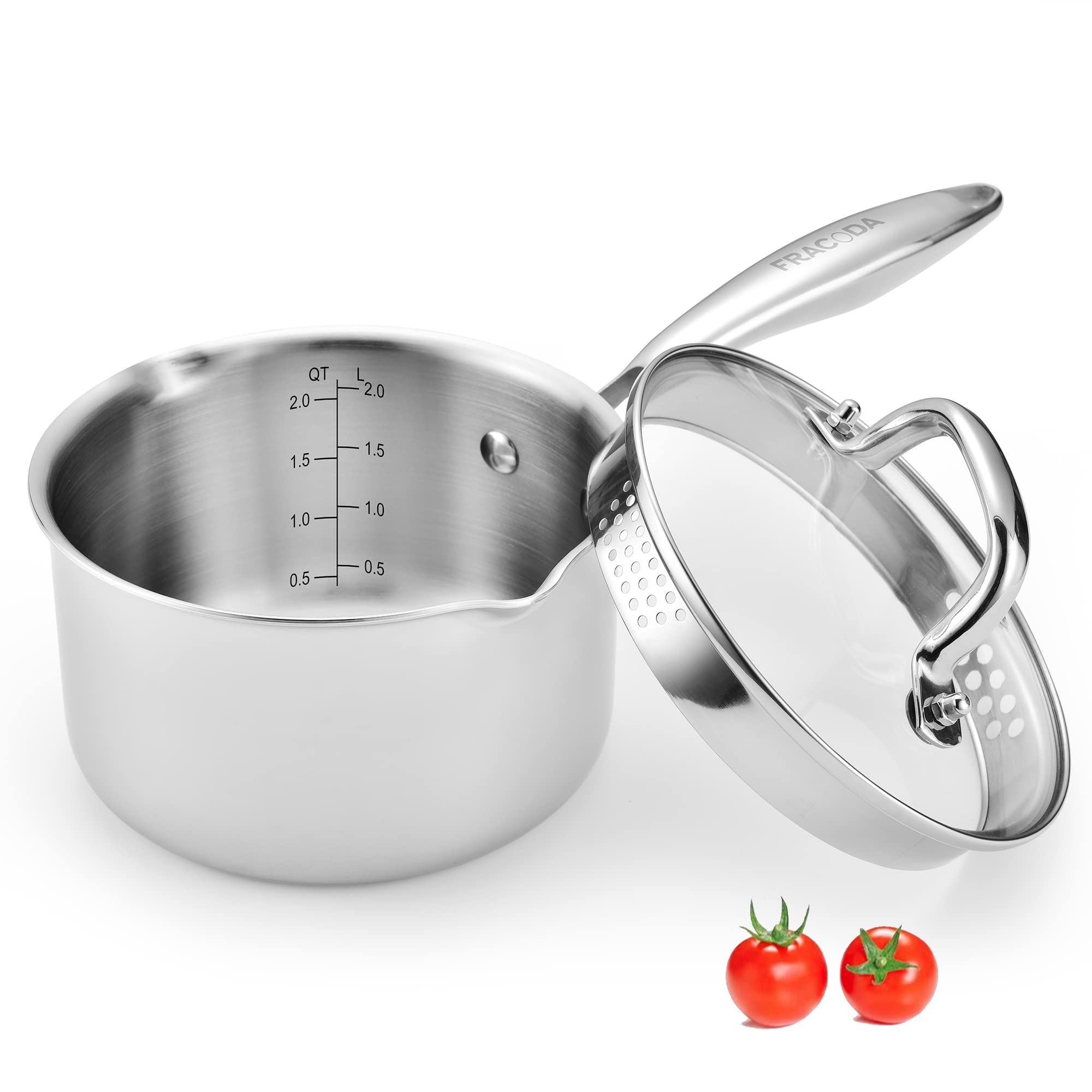 Fracoda 2.0 quart saucepan with glass strainer lid for easy pasta draining