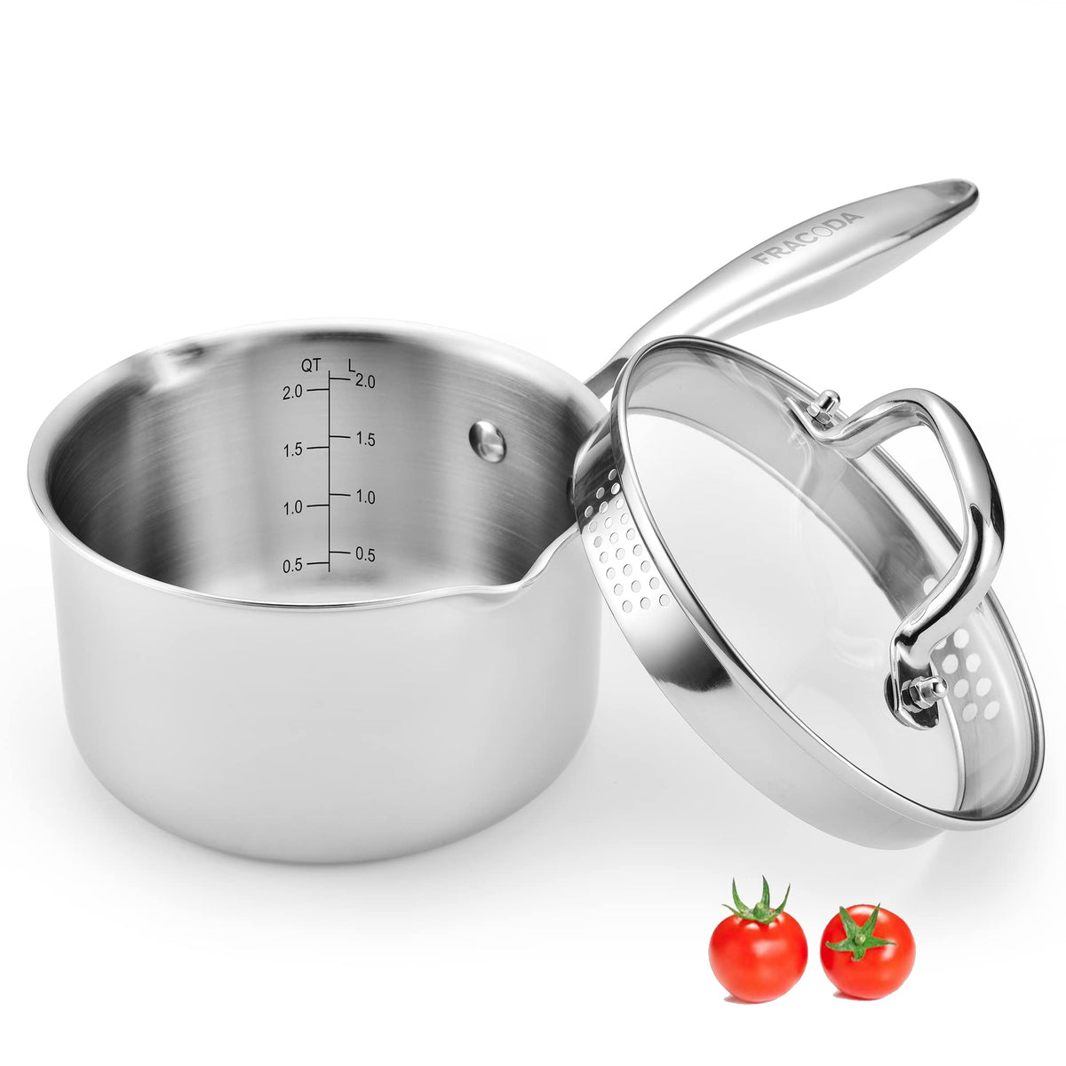 Fracoda 2.0 quart saucepan with glass strainer lid for easy pasta draining