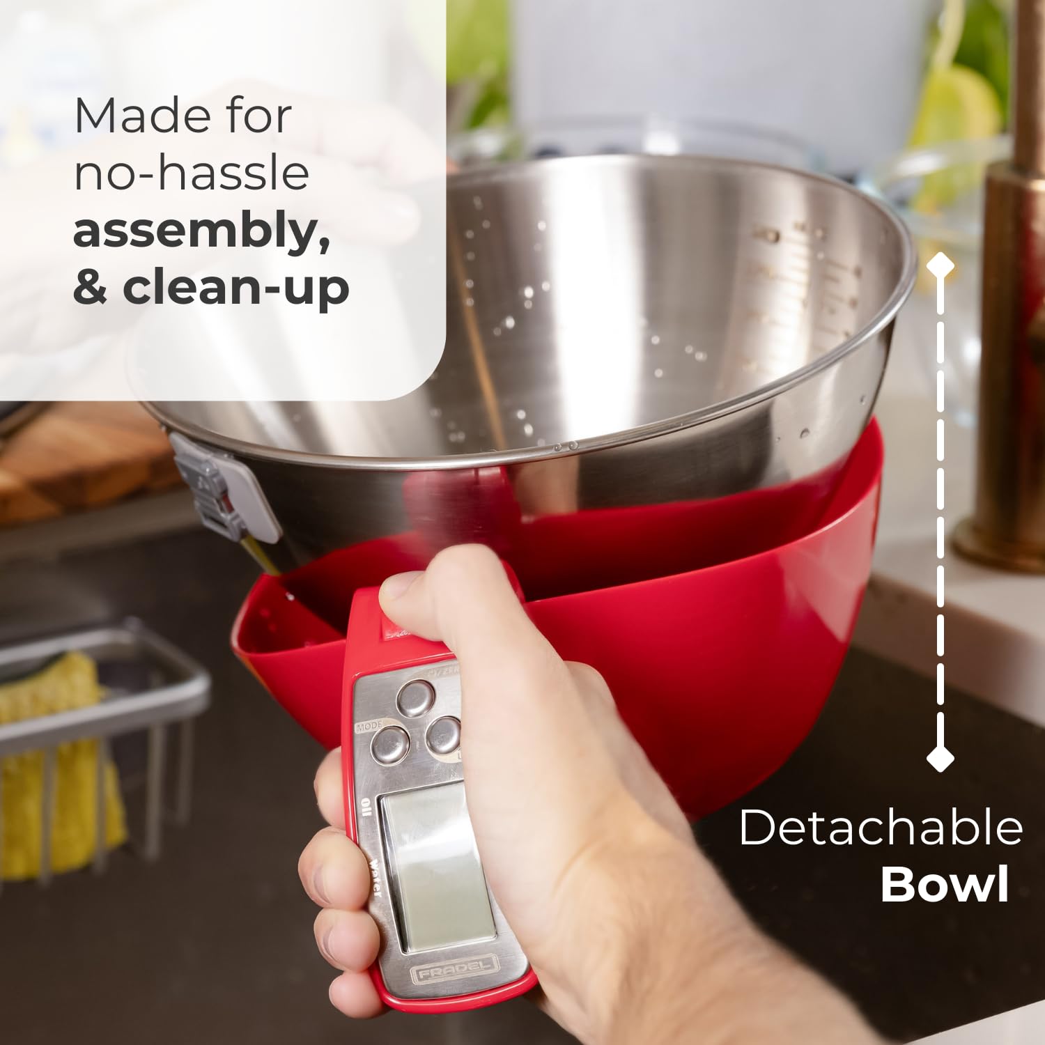Fradel digital kitchen scale includes a dishwasher-safe bowl for simple cleanup.