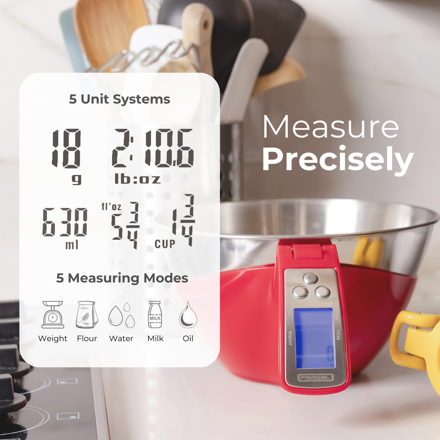 Fradel digital kitchen scale with stainless-steel detachable bowl for mixing and weighing.