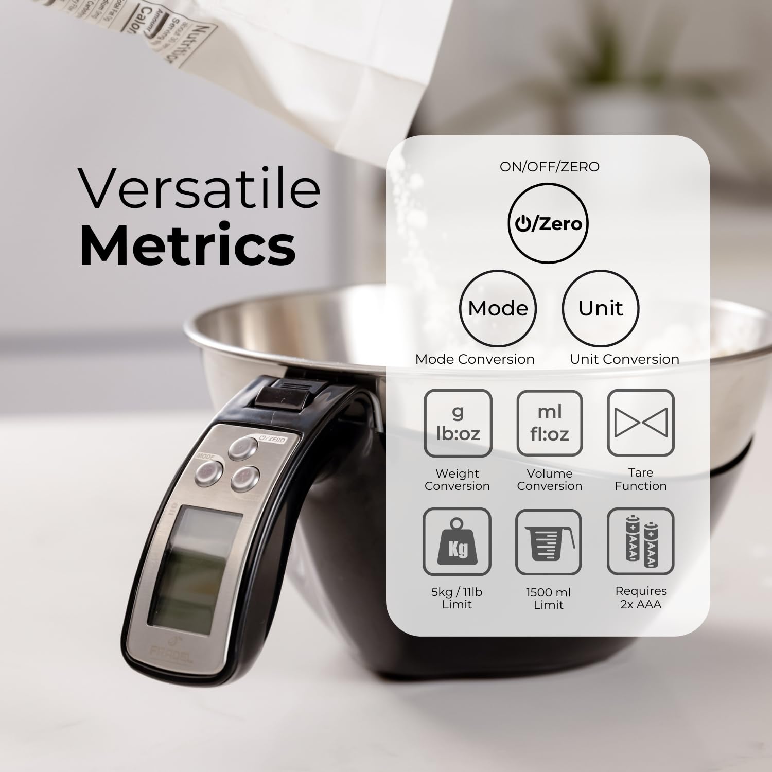 Fradel 11 lb capacity scale weighs wet and dry ingredients accurately.