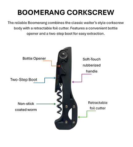 Franmara Boomerang worm-inserted-cork action minimizes cork crumble for smoother extraction.