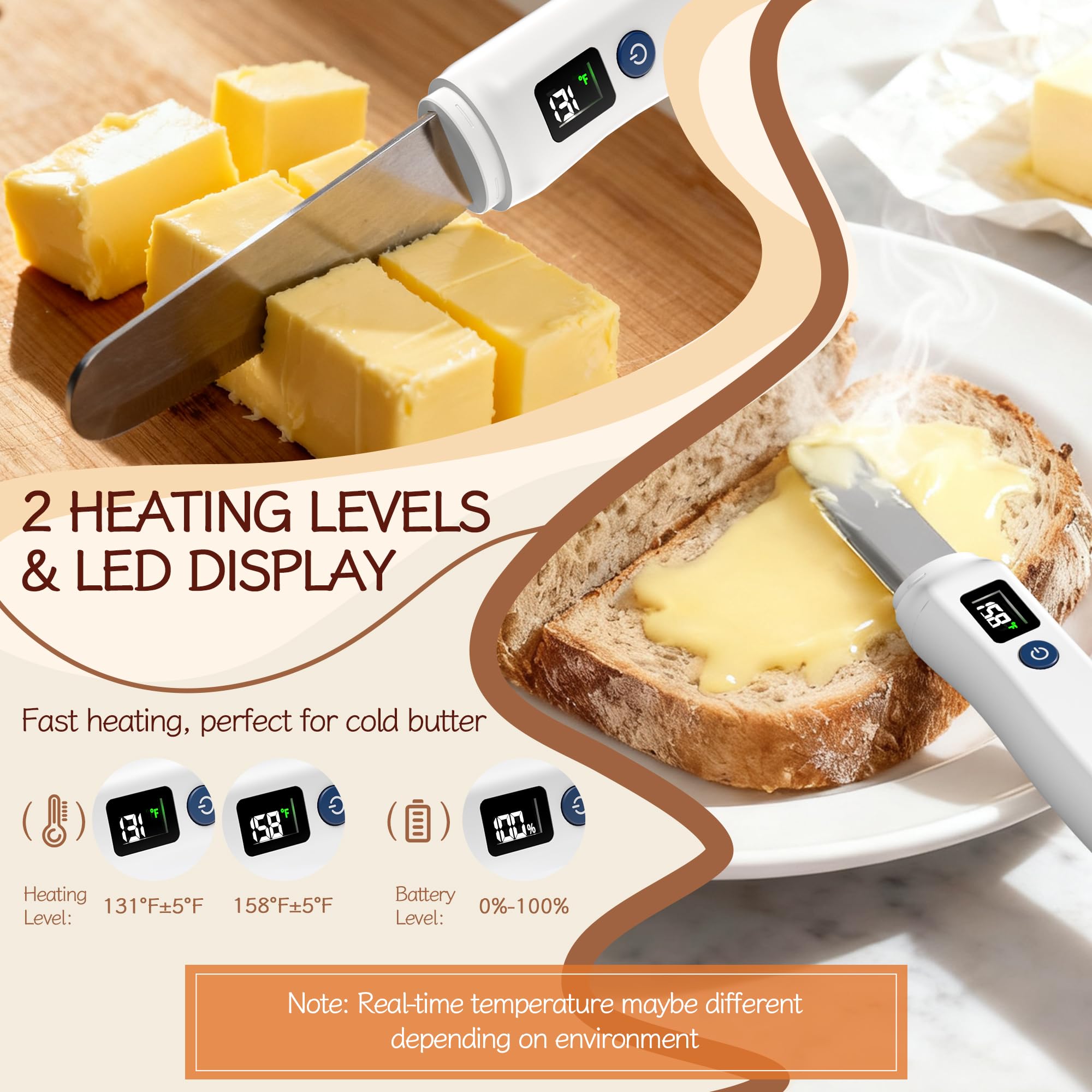 Frayo heated butter knife on bread for effortless spreading