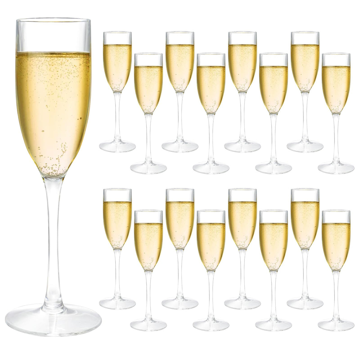 Frcctre 16-pack acrylic champagne flutes with 5 oz capacity for weddings and parties.