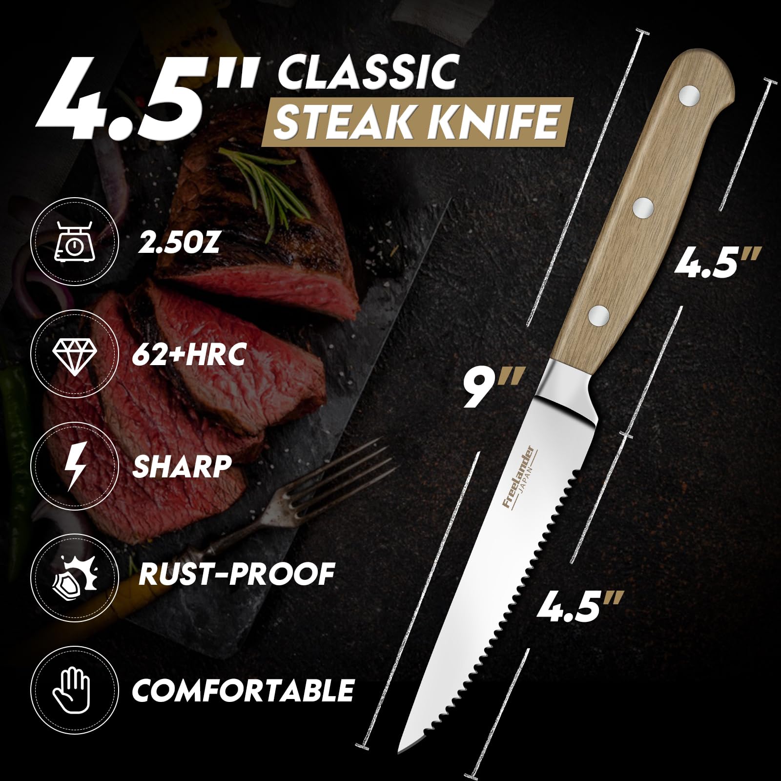 Freelander ergonomic wood handle with triple rivets for comfortable grip