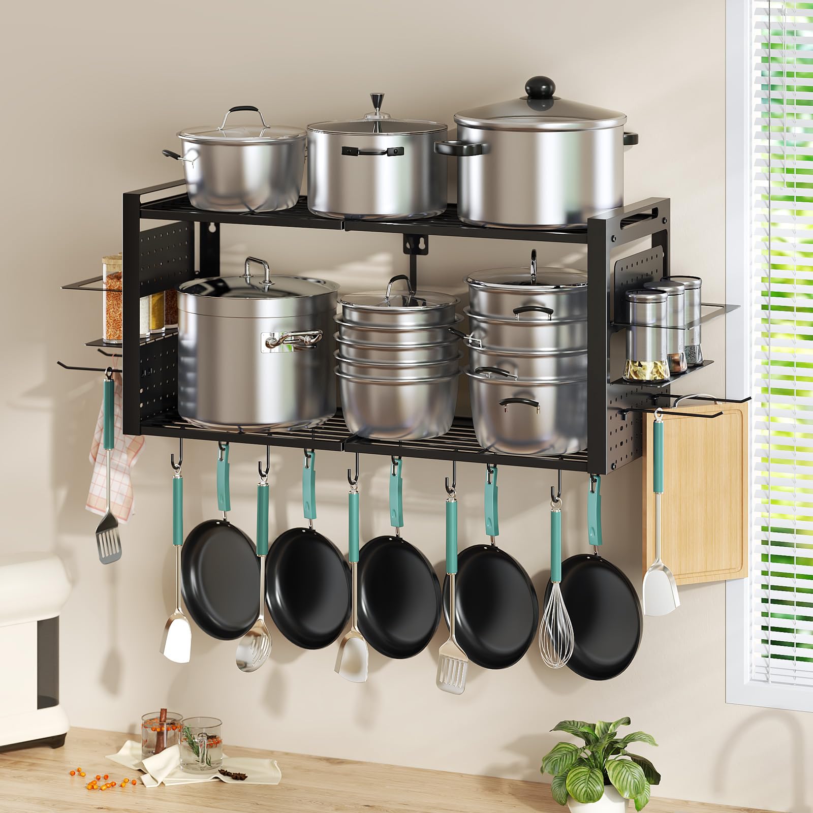 Freexployer with 20 movable hooks for pots, pans, and utensils