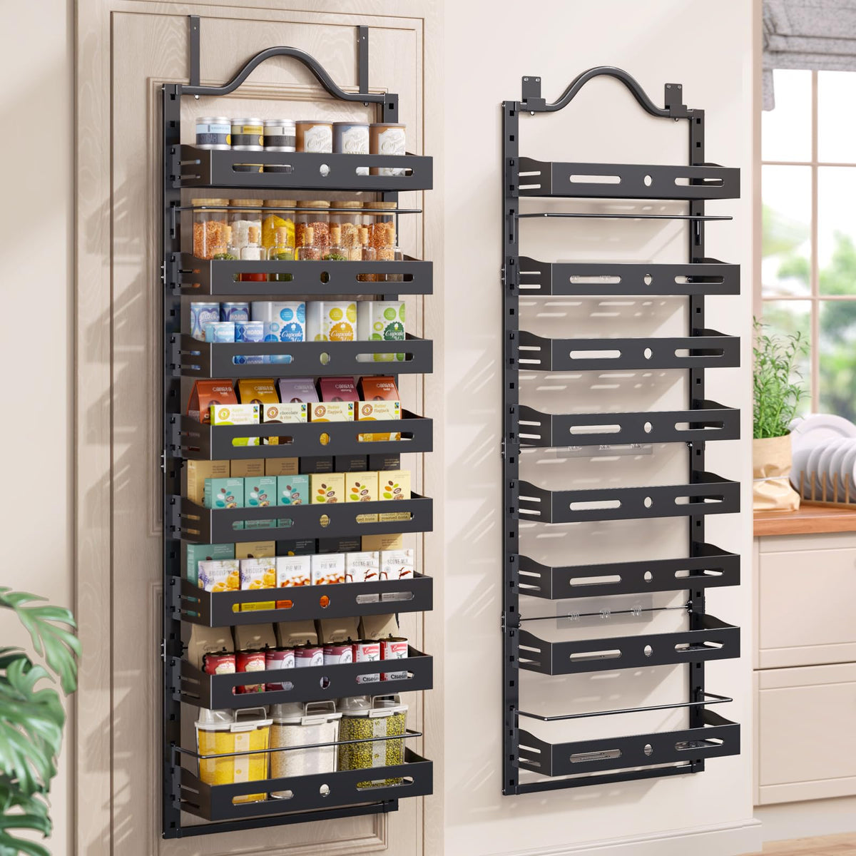 Freexployer 8-Tier over-the-door pantry organizer provides easy access to stored items.