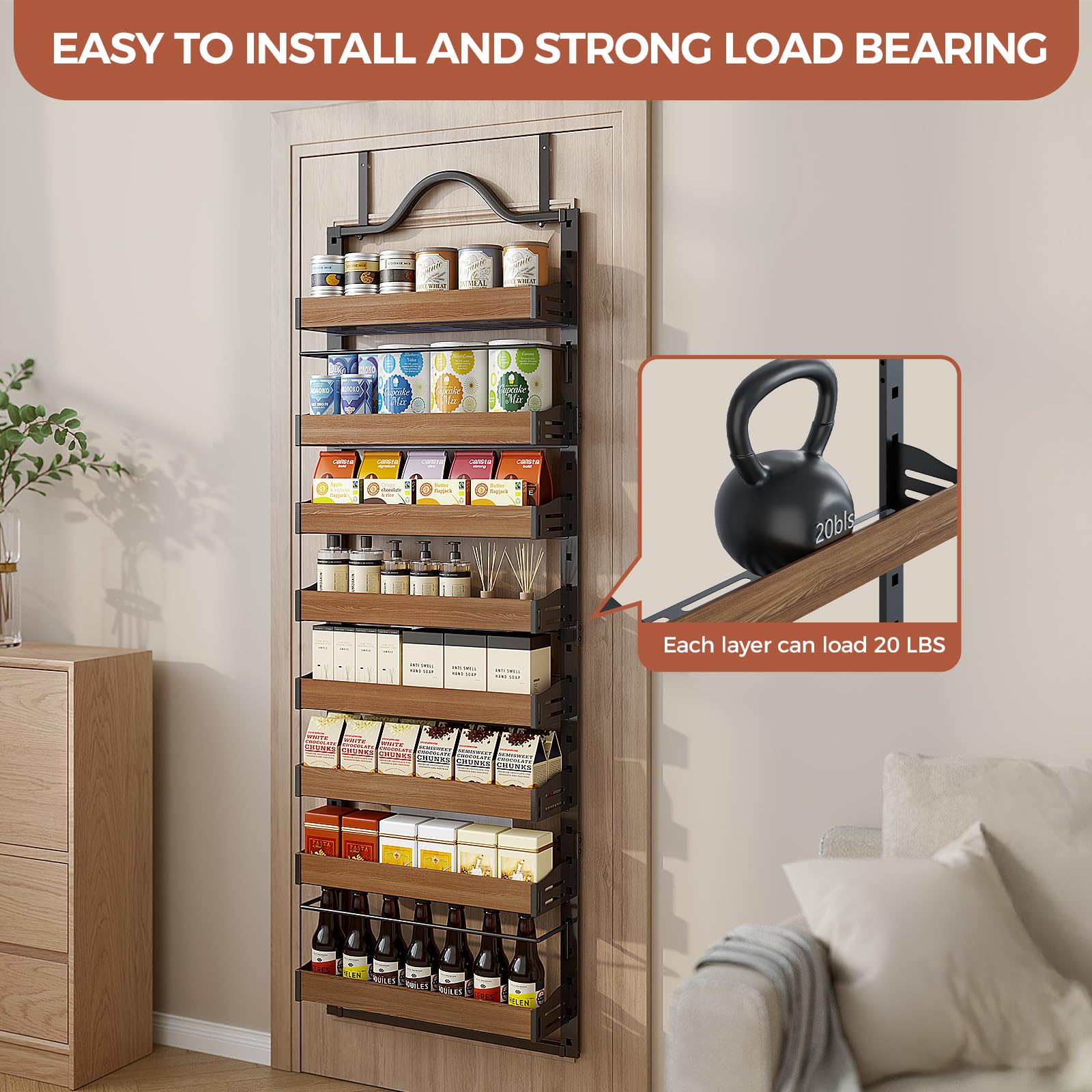 Freexployer 8-Tier Spice Rack built from anti-rust steel with wooden baskets for durability.