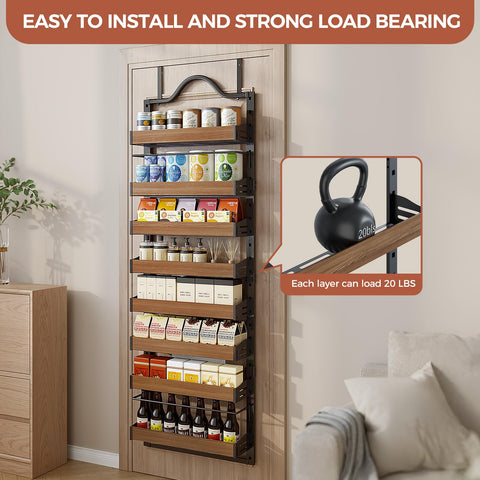 Freexployer 8-Tier Spice Rack built from anti-rust steel with wooden baskets for durability.