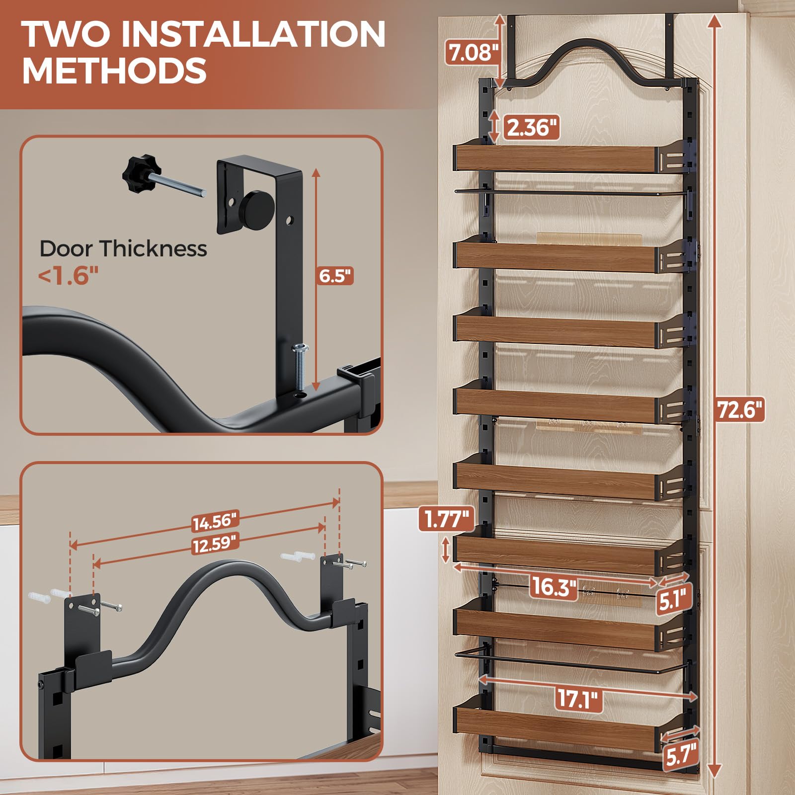 Freexployer 8-Tier Spice Rack over-door installation saves counter space and adds pantry versatility.
