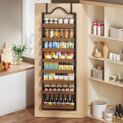 Freexployer 8-Tier Spice Rack shows a compact pantry display on kitchen or laundry doors.