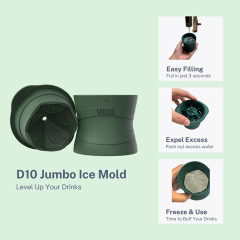Freeze Forms D10 ice cubes with clear numerals enhance gaming vibes.