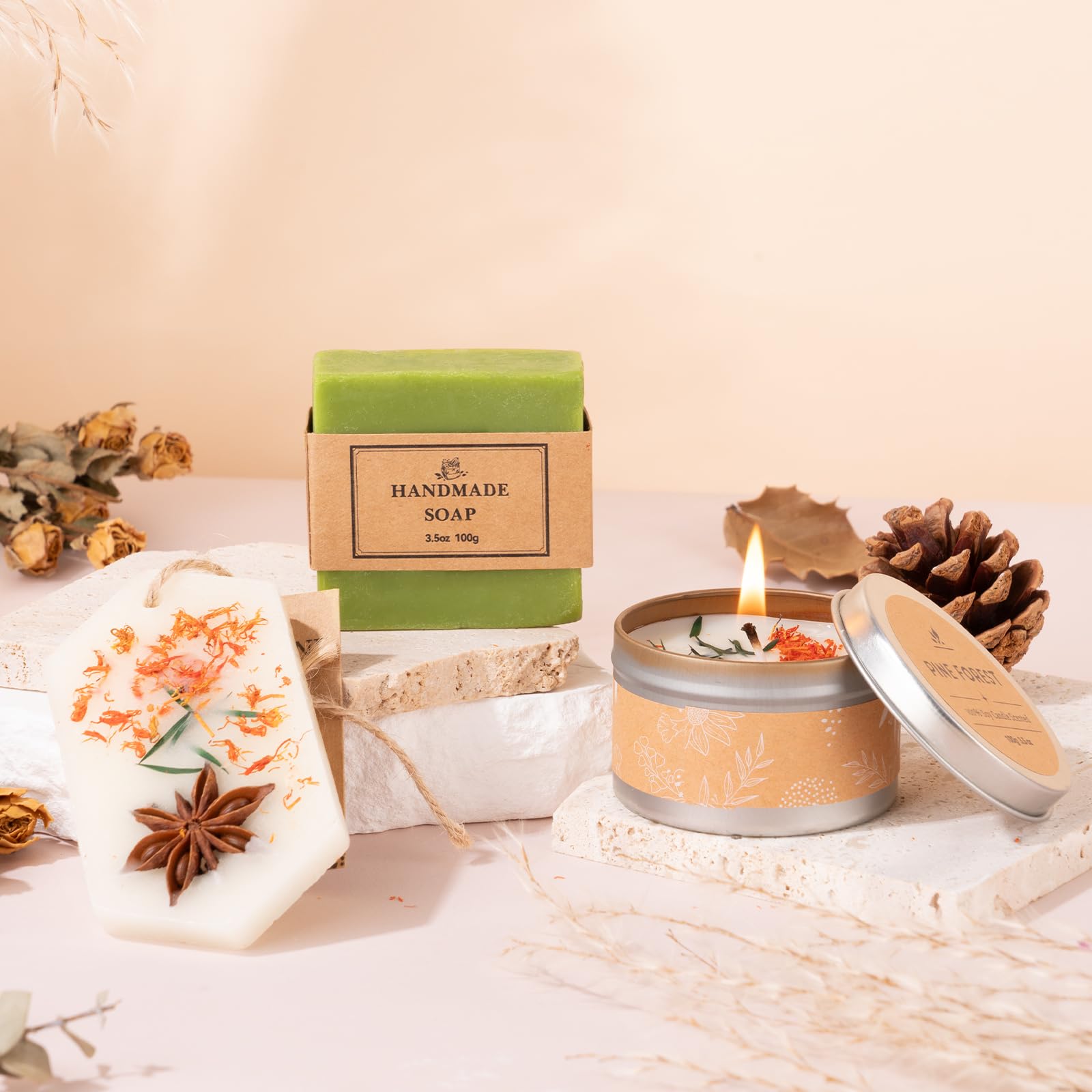 Frerdui pine forest soy wax candle creates relaxing ambiance.