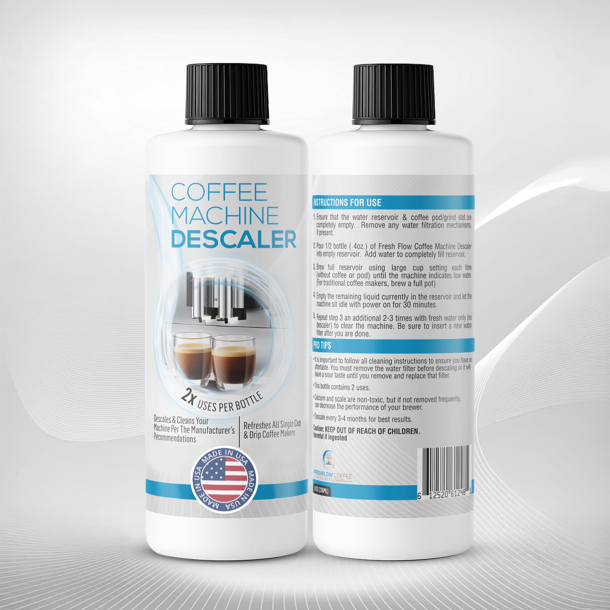 FreshFlow bottles with measurement cap illustrating the four-use pack.