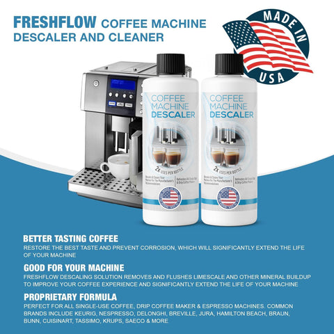 FreshFlow descaler beside a Keurig to show universal compatibility.