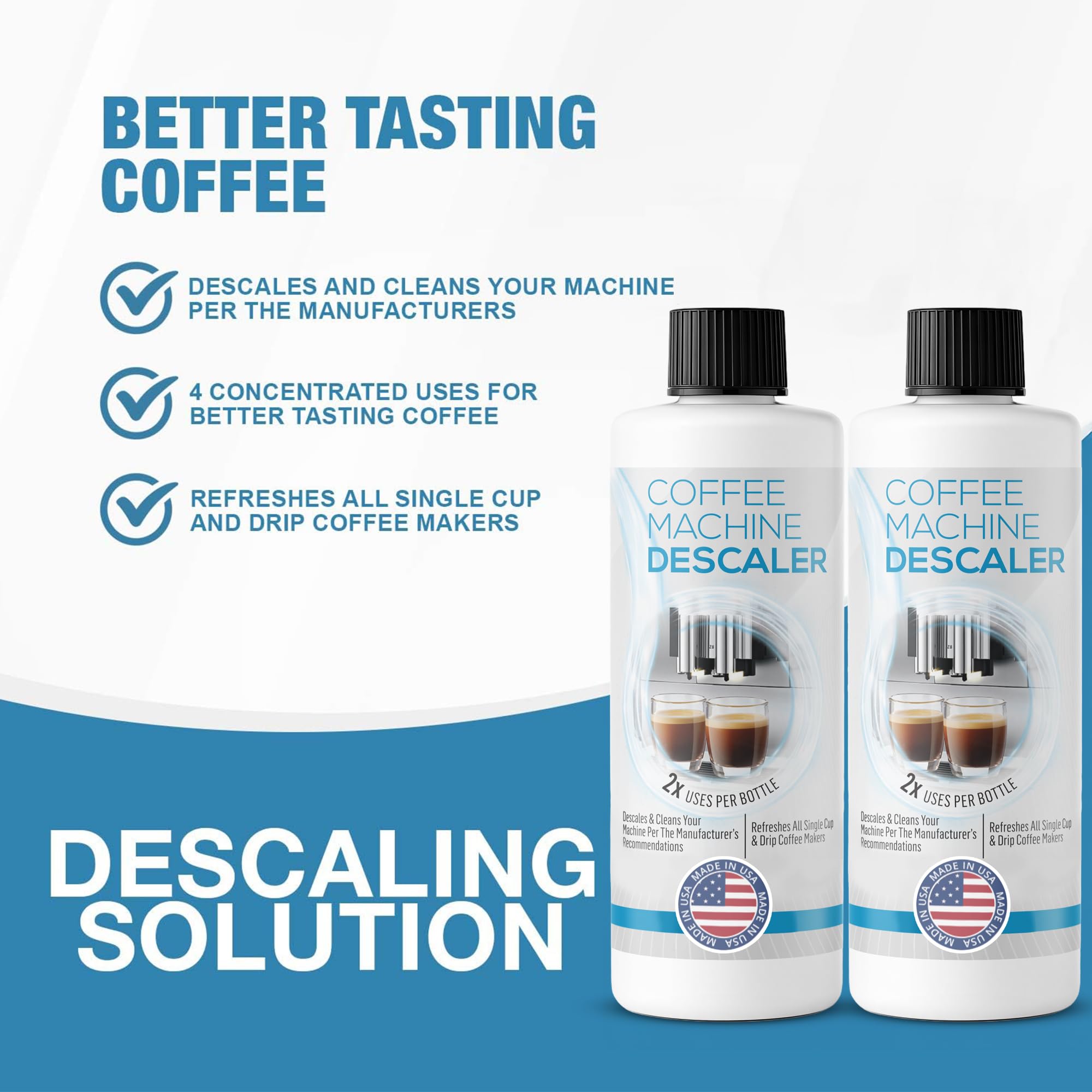 FreshFlow descaling bottle with a steaming cup to suggest improved flavor.