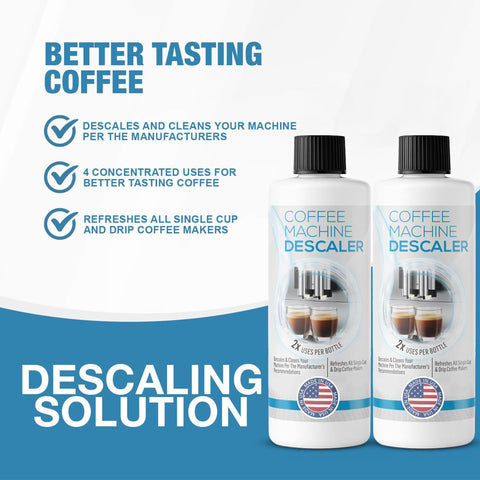FreshFlow descaling bottle with a steaming cup to suggest improved flavor.