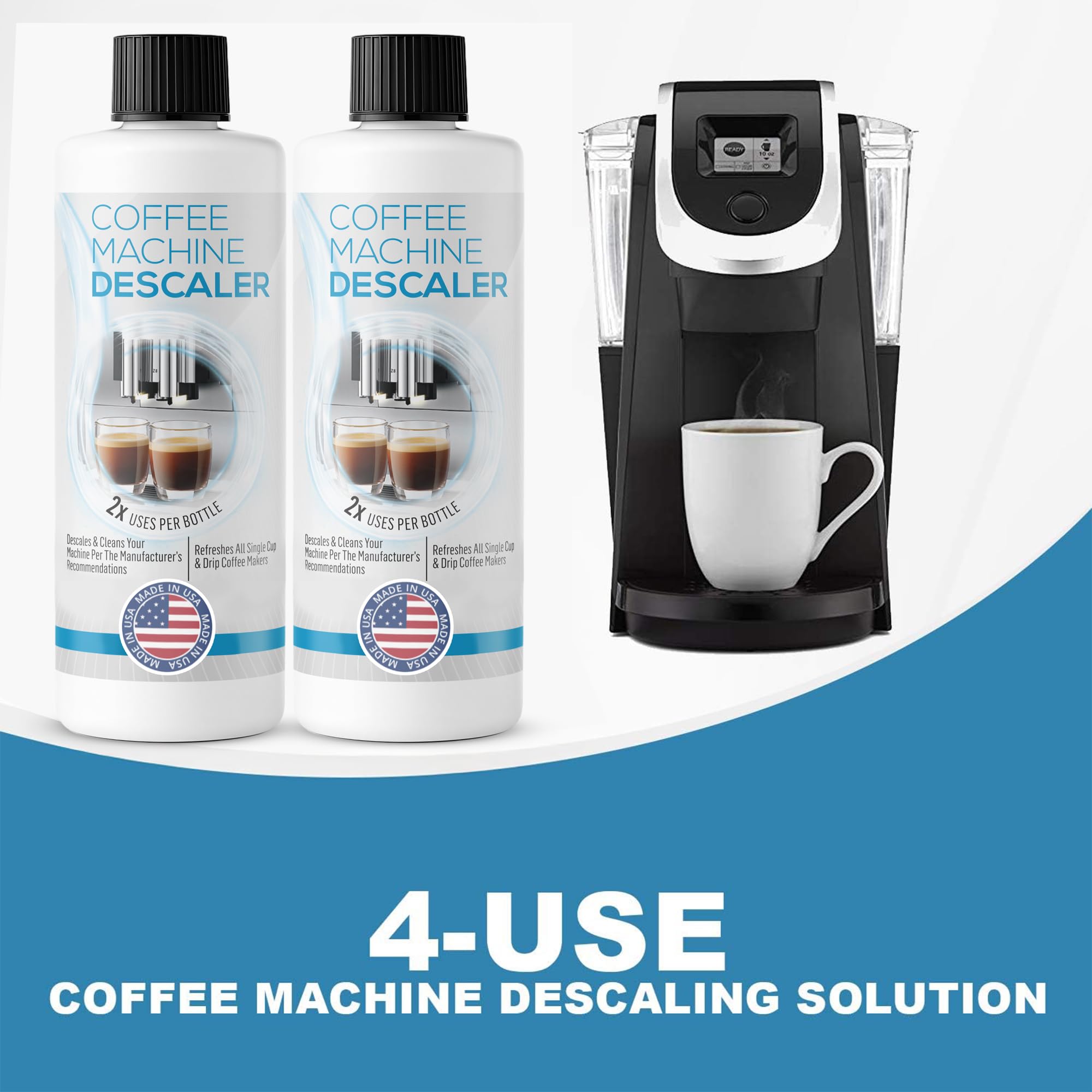 FreshFlow descaling bottle pouring into coffee machine for mineral removal.