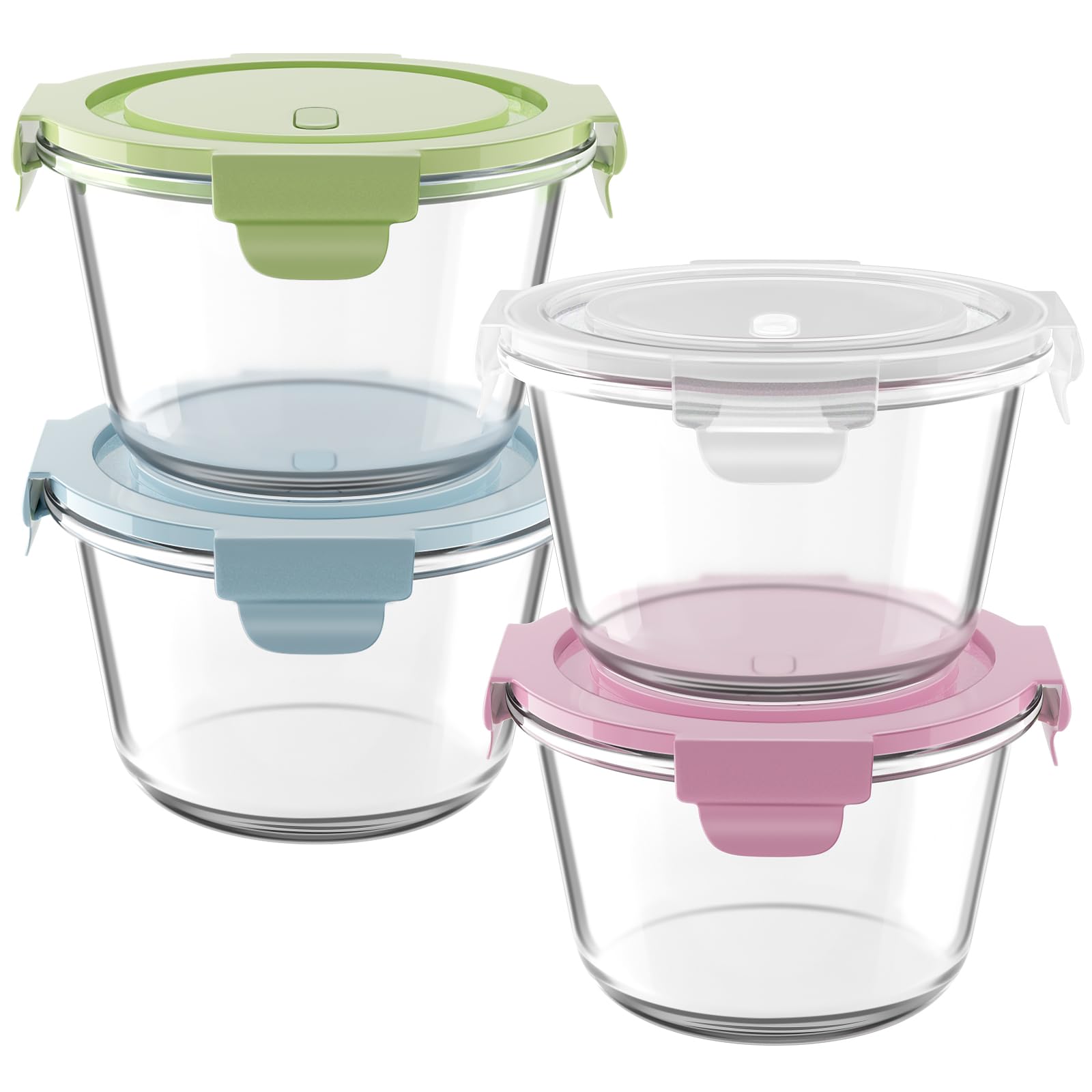 Freshmage four-pack glass containers with leakproof lids prevent spills.