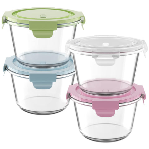 Freshmage four-pack glass containers with leakproof lids prevent spills.
