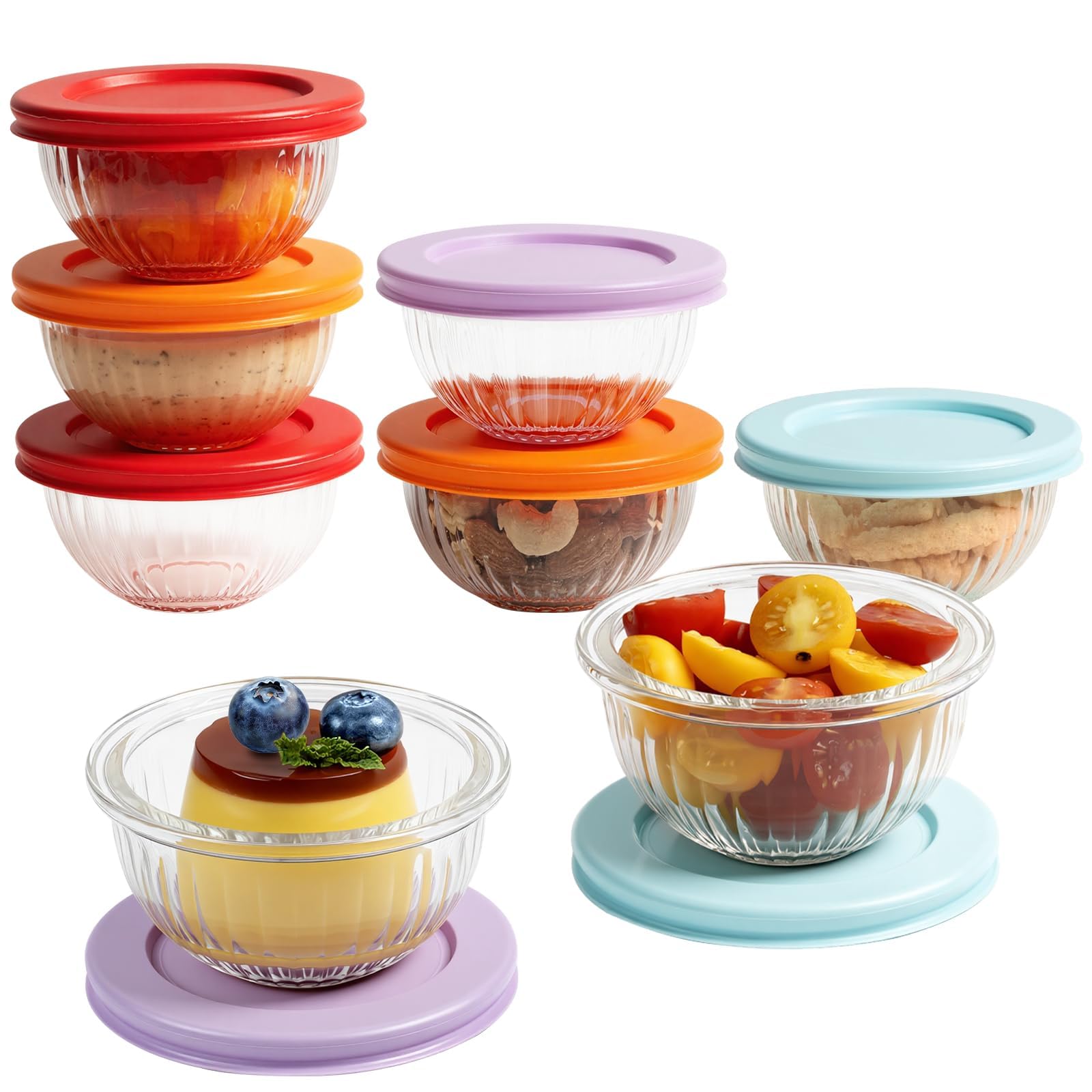 Freshmage eight pack glass bowls with lids, 6.25 oz, ideal for portioned meals.