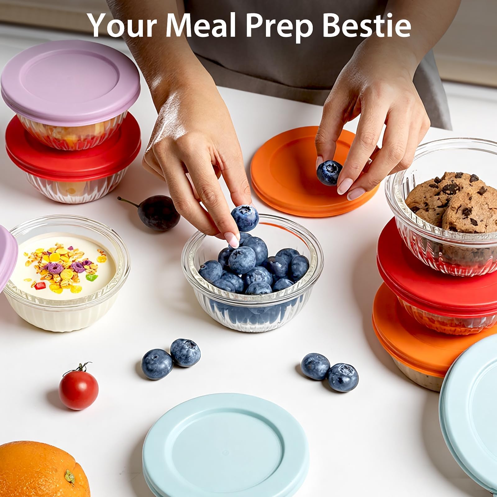 Freshmage glass bowls with lids for easy, stackable leftovers storage.
