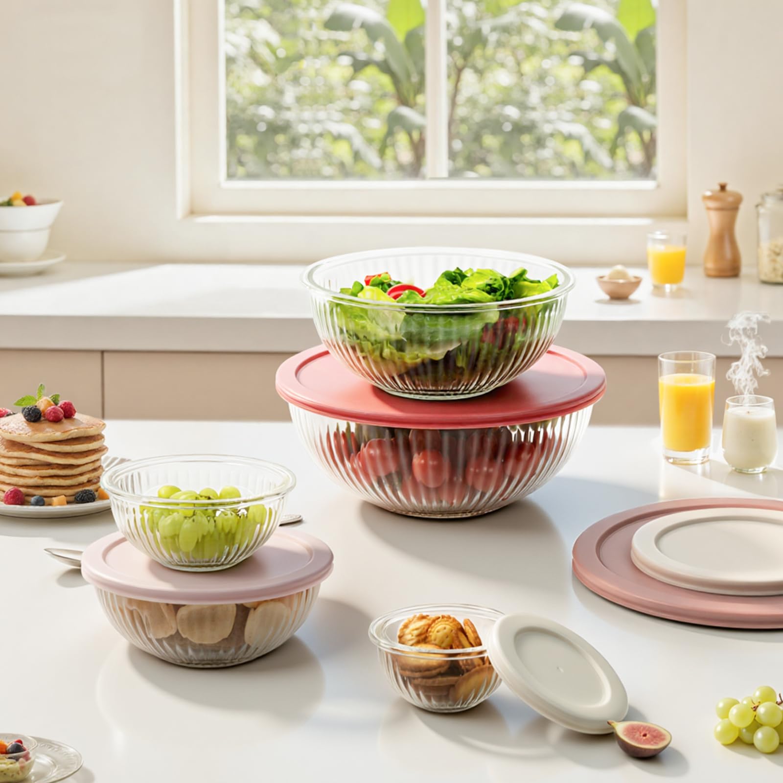 Freshmage glass bowls 2.1 qt bowls for large salad tossing and marinating.