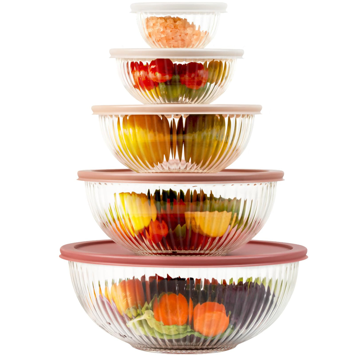 Freshmage glass mixing bowls 5-pack front view with lids, ready for meal prep.