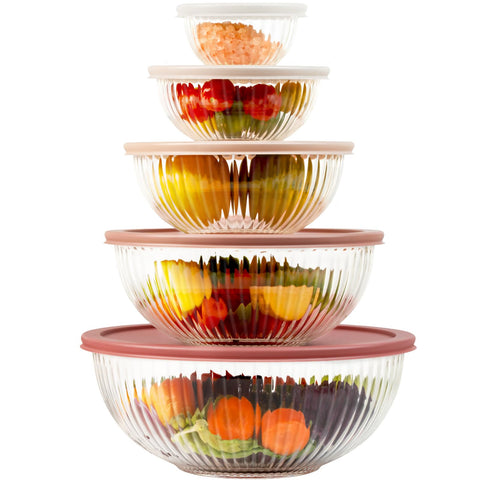 Freshmage glass mixing bowls 5-pack front view with lids, ready for meal prep.
