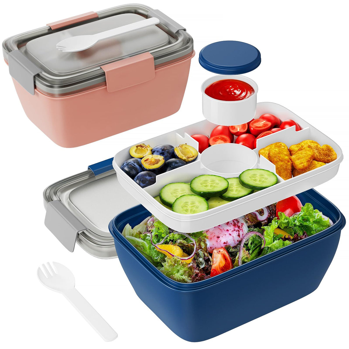 Freshmage large salad container with pink-blue lid close-up showing leak-proof seal