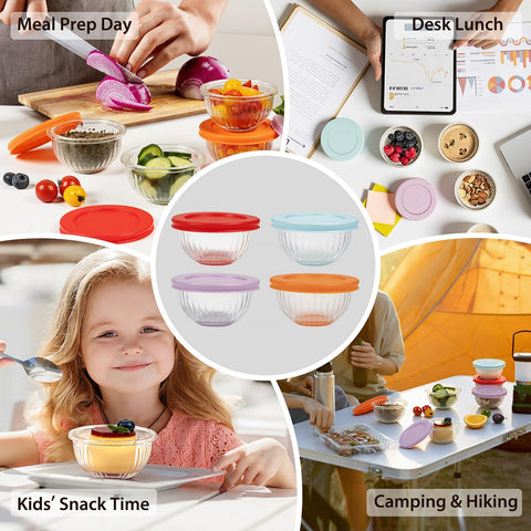 Freshmage glass bowls with lids ideal for meal prep and snacks.