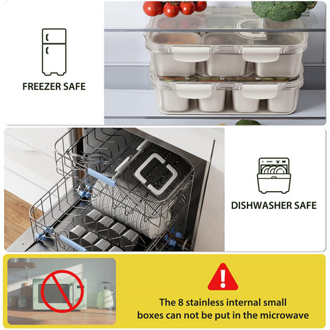 Freshmage Snackle Box features rust-resistant stainless steel compartments for durable, long-lasting snack organization.
