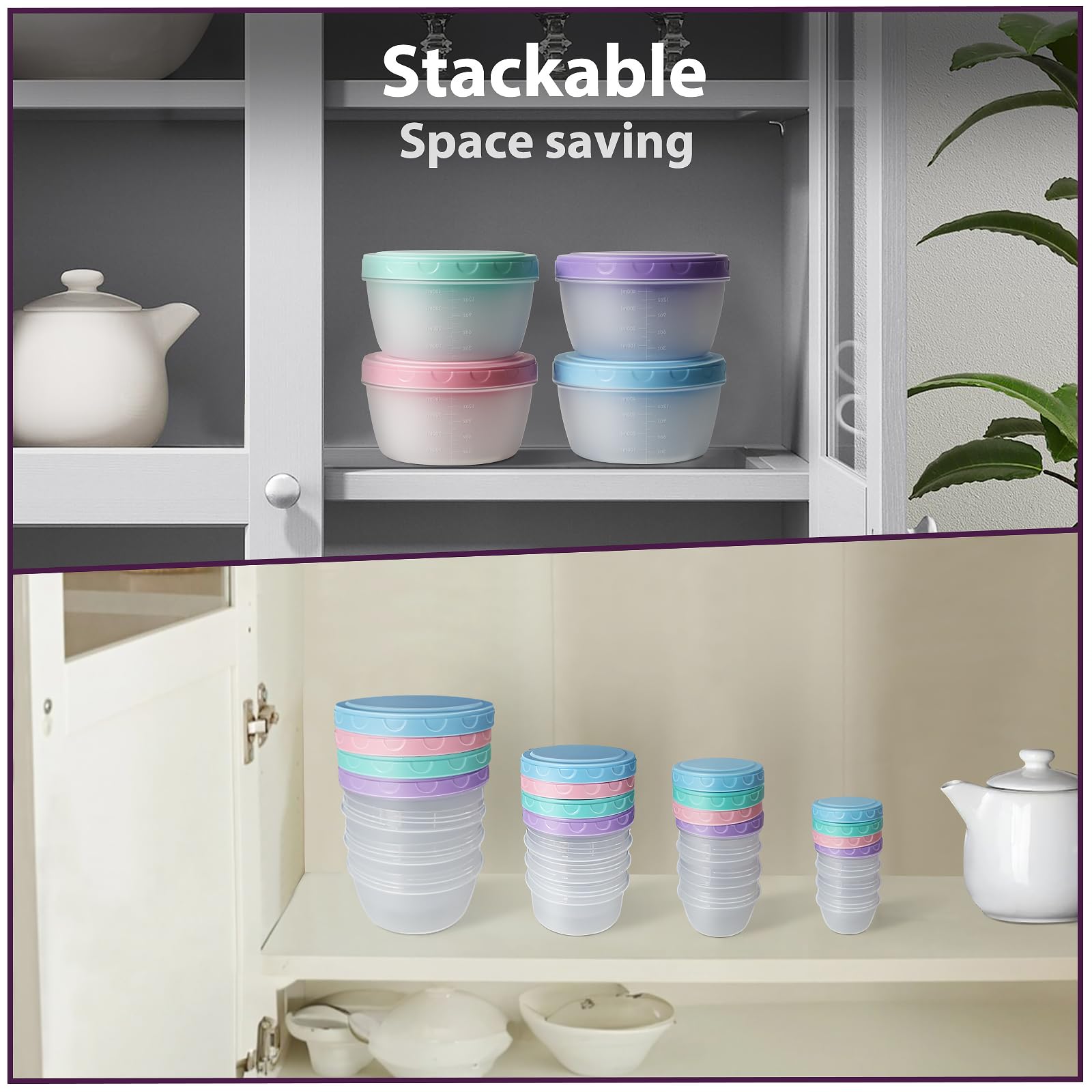 Freshmage stackable design saves freezer and cabinet space.