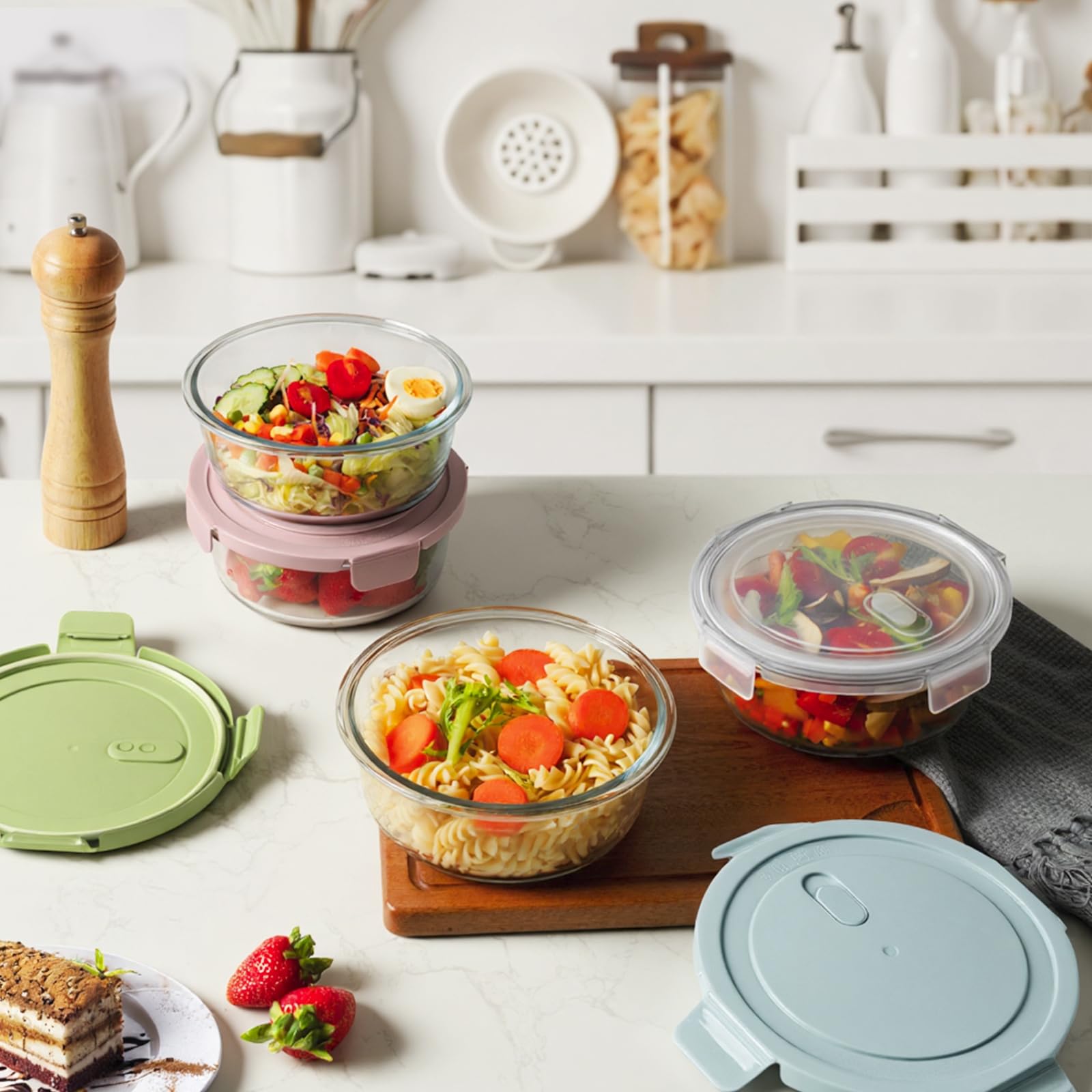 Freshmage stackable glass containers save pantry space and organize meals.