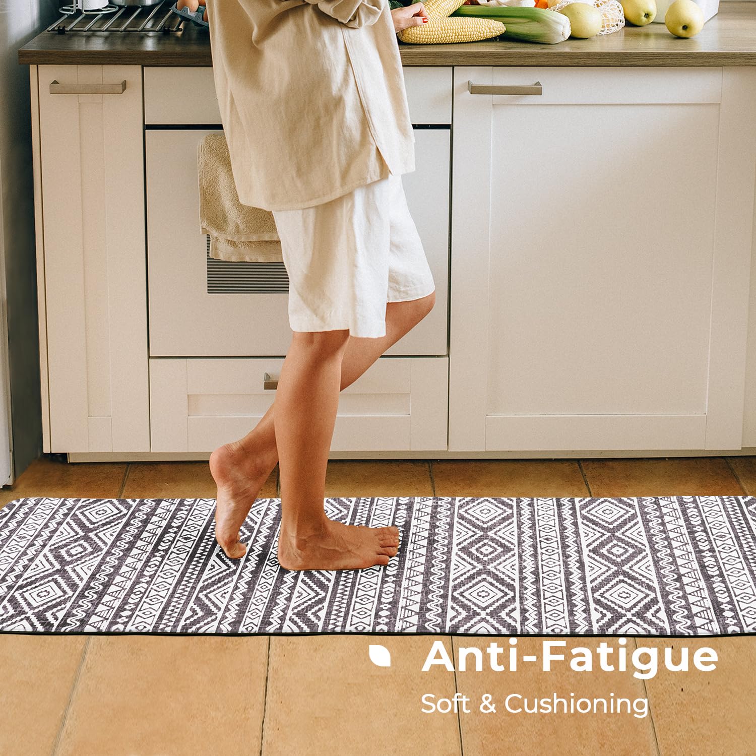FreshMINT boho print kitchen rug, waterproof and easy to wipe clean.